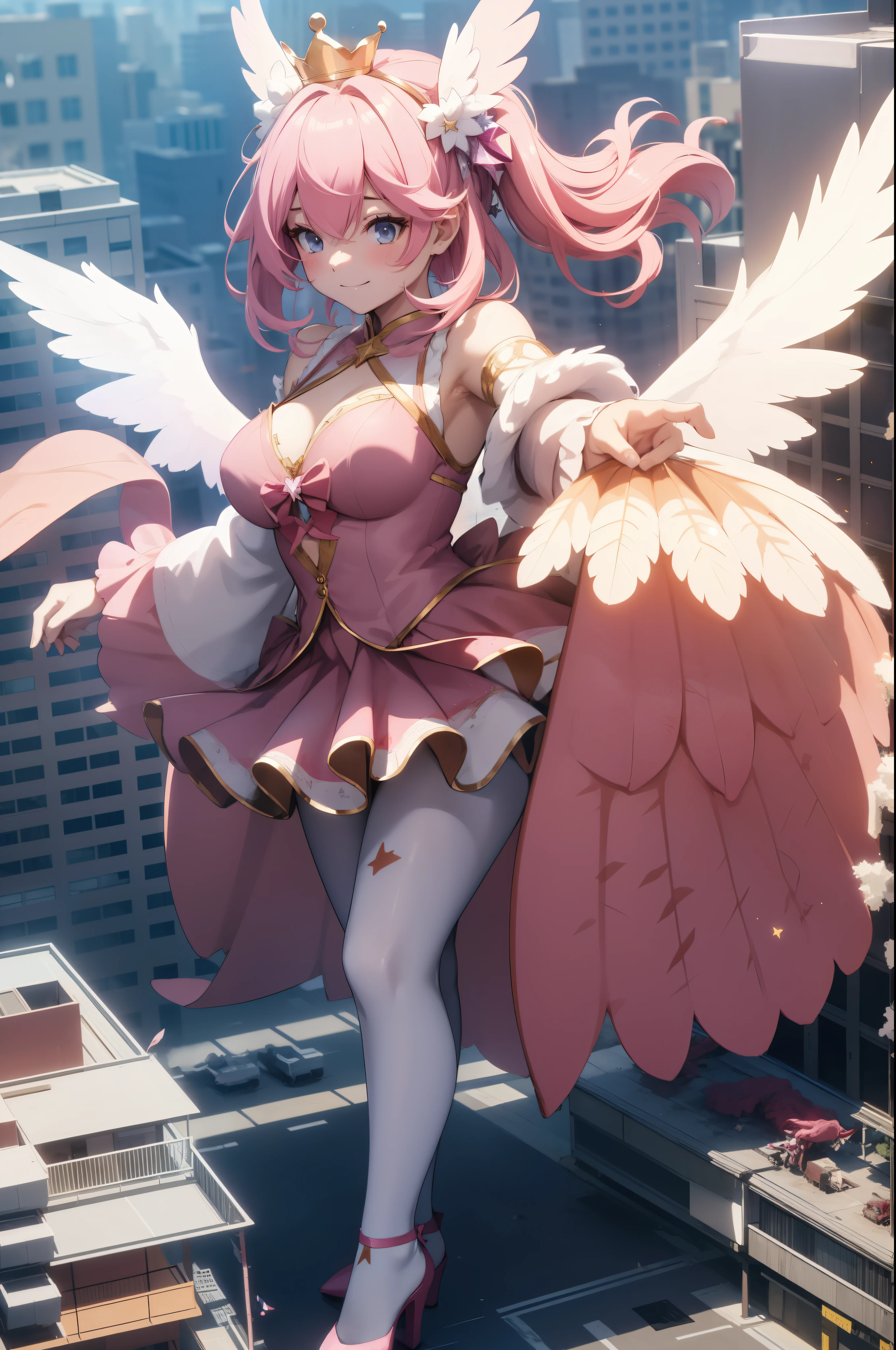 Aerial View,giant girl 50,000 feet high,Weight 1000kg,Has a pair of huge pink angel wings,With huge devil horns on his head,Has waist-length pink hair,loose hair,Pink wavy hair,pink crown,Wearing a pair of pink Mary Jane high heels,Pink lace gloves,Pink lace pantyhose,Bow and star embellished tights,粉色蕾丝whole body,Standing tall above the small town,Beautiful appearance,Exquisite makeup,quality,8k,高quality,Perfect proportion, Cinema lighting,film grain,Fuji colors,8k,textured skin,Super details,high detail,high resolution,fake smile,blood stains,脚底有blood stains,whole body,fat,feather