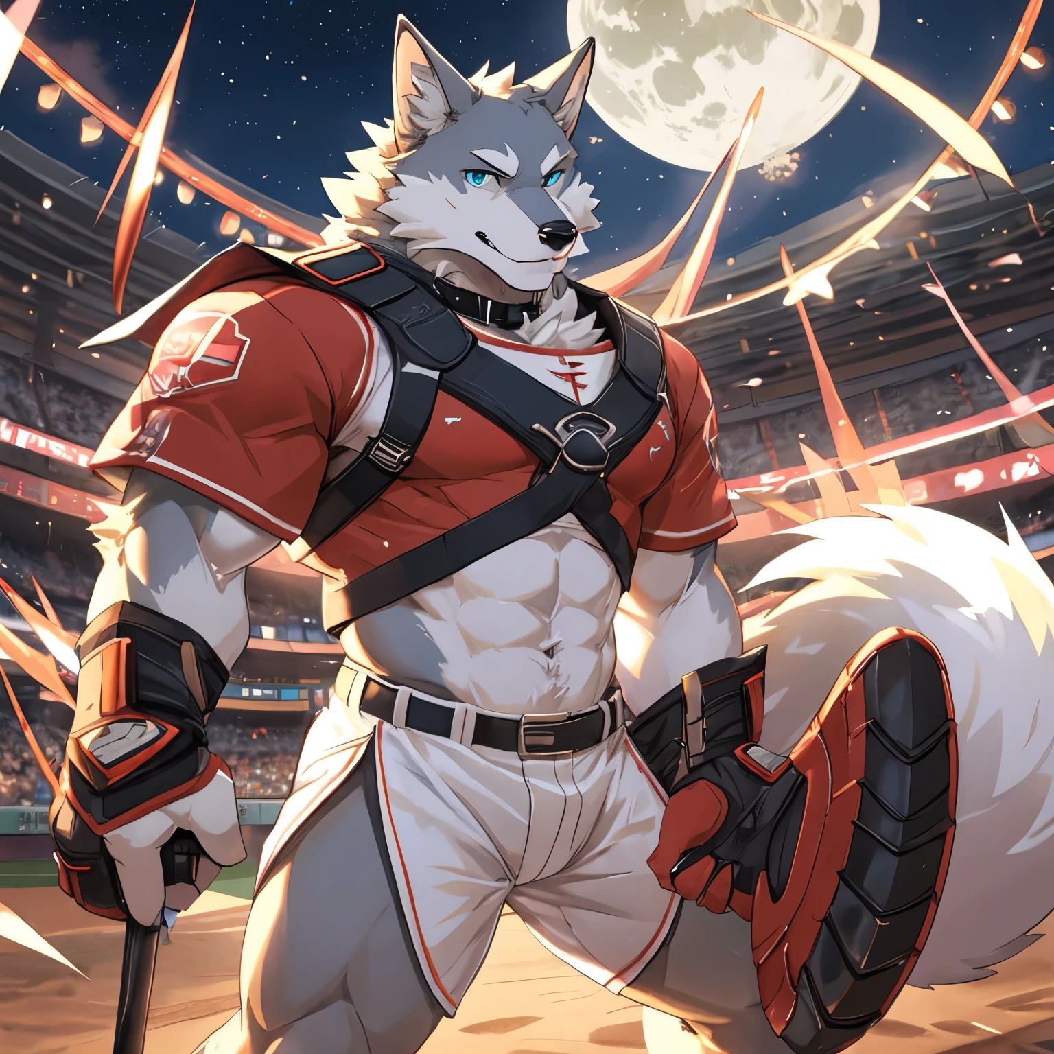 werewolf, gray fur, white body, blue eyes, long white tail, collar, dog, canid, canine, canis, mammal, anthro, body shape strong, baseball uniform,male,baseball glove, hold the ball
