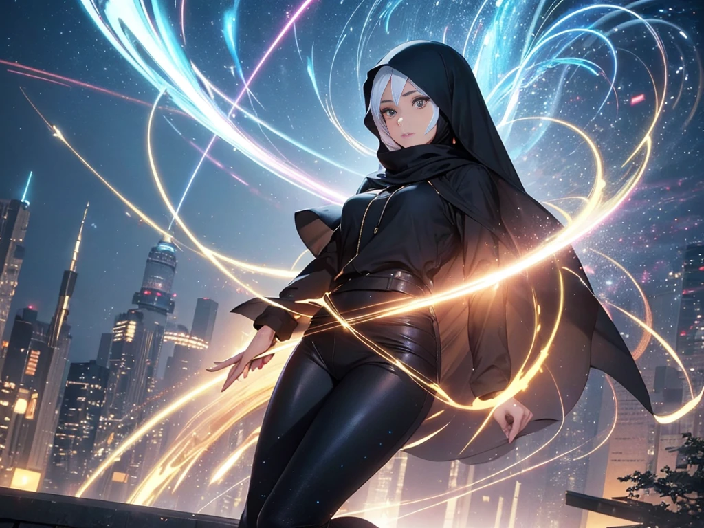 a women with black hijab, brown eyes, beauty, university center of the campus, blue sky, amazing sky, white skin, very beautifull, zoom out, full body, colorful, highest detailed, (light streaks), striking visuals, (dynamic streaks, luminous trails:1.2), focused, long black pants, campus, university, floral pattern.