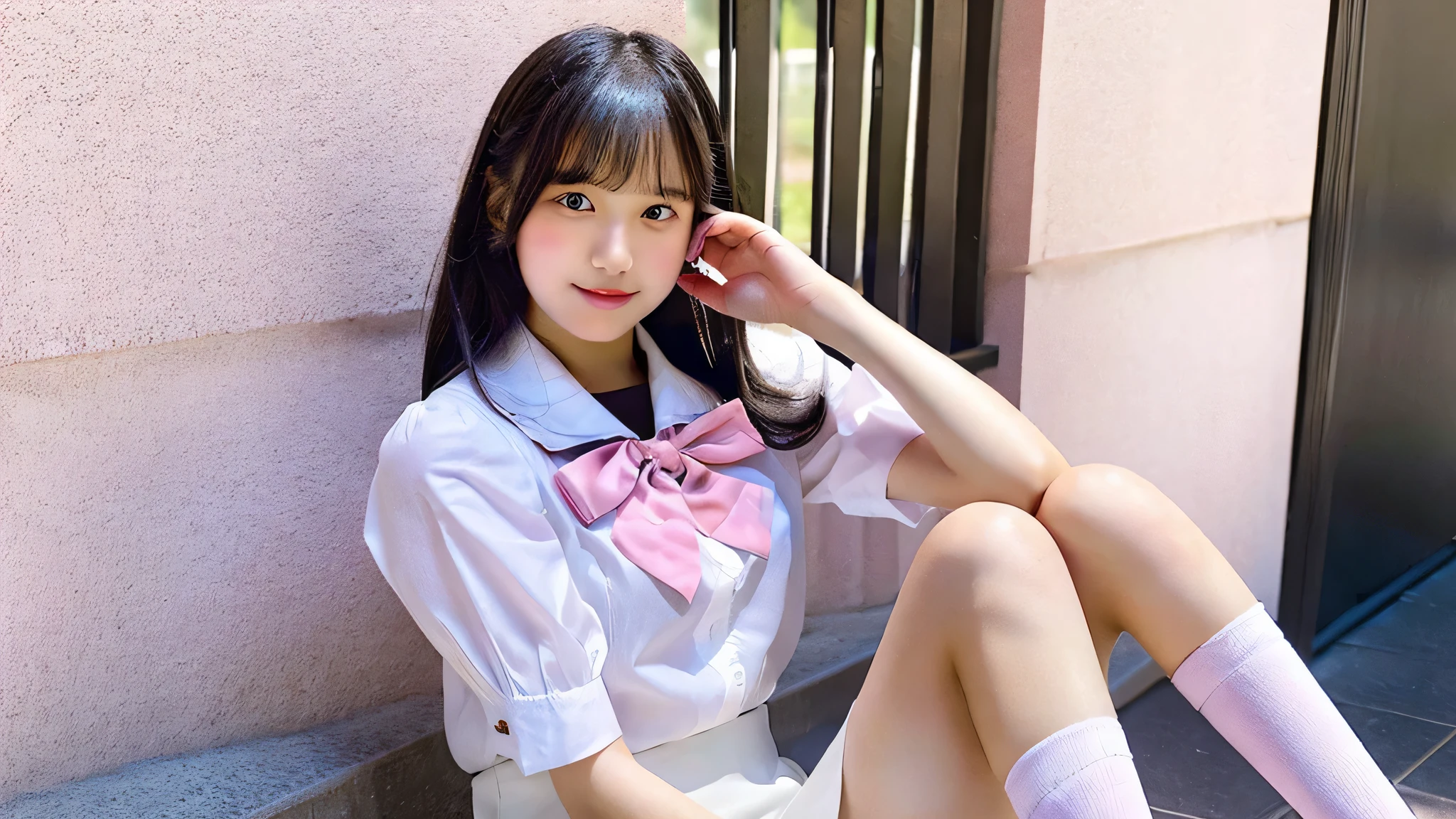 a closeup, ​masterpiece, top-quality, FULL ANATOMY、Raw foto, Photorealsitic、(Cute little face:1.7)、(Very cute smile:1.7)、(with round face:1.7)、(She looks like an idol and is cute:1.7), A dark-haired、(Brightly colored school uniform style pink ranger:1.7), depth of fields, hight resolution, ultra-detailliert, finely detail, ighly detailed, extremely detailed eye and face, Realistic pupils, foco nítido, Cinematic lighting、18-year-old woman、(One lady、独奏:1.3)、 poneyTail、curlyhair、Very detailed 8k wallpaper、Show me your whole body、Looking at the camera、(Too short plaid pleated skirt、I can see my panties、Plump panties、panties in a light color:1.7）、(Pink Fishnet Stockings)、(Brown Long Boots:1.4)、is standing、Angle from below、(Thigh close-up:1.5)、(Nice figure、Clothes with emphasized chest bulge、Colossal tits、big breasts thin waist)、depth of fields、Bokeh in the background