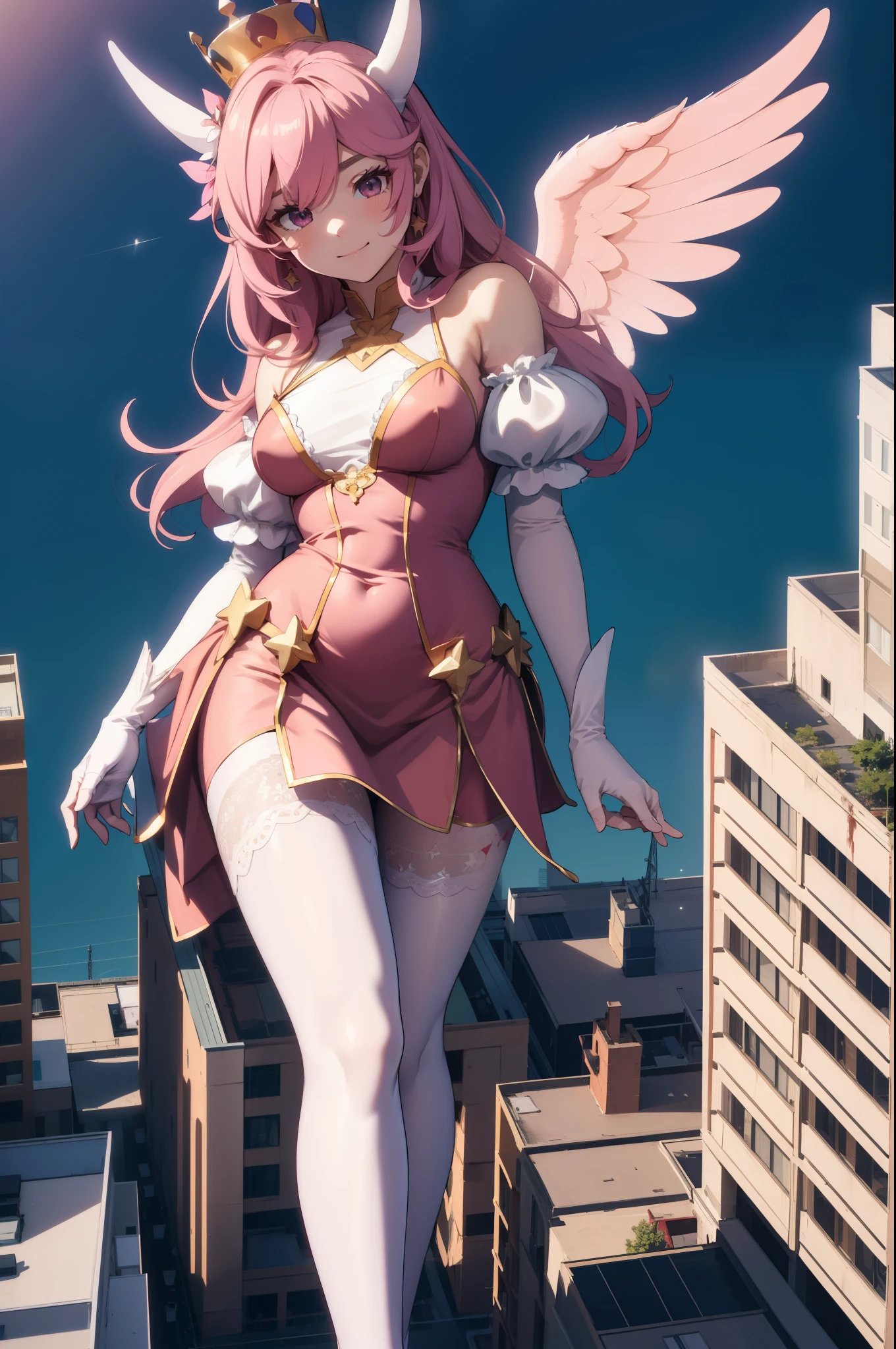 Aerial View,giant girl 50,000 feet high,Weight 1000kg,Has a pair of huge pink angel wings,With huge devil horns on his head,Has waist-length pink hair,loose hair,Pink wavy hair,Pink crown,Wearing a pair of pink Mary Jane high heels,Pink lace gloves,Pink lace pantyhose,Pantyhose with bow and star decorations,粉色蕾丝whole body,Standing upright on a small city,Beautiful appearance,Exquisite makeup,quality,8k,高quality,Perfect proportion, Cinema lighting,film grain,Fuji colors,8k,textured skin,Super details,high detail,high resolution,fake smile,blood stains,脚底有blood stains,whole body,Obese,feather
