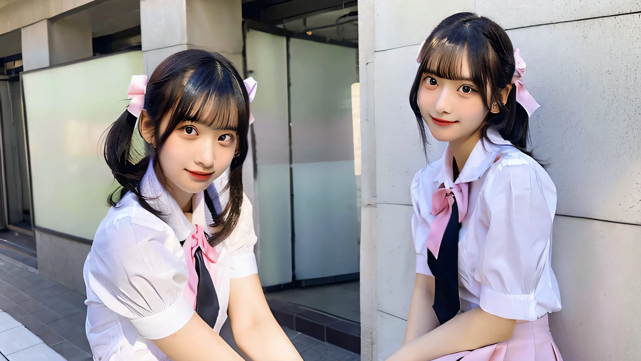 An 18-year-old high school girl wearing a white shirt and pink miniskirt uniform..(black hair)