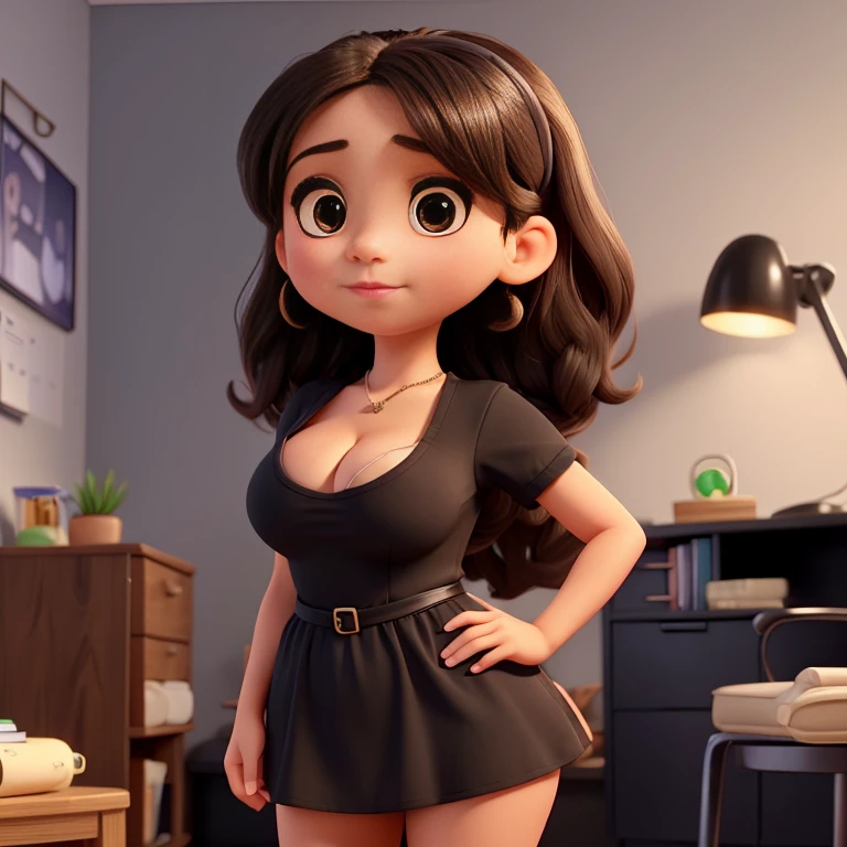 Beautiful little latin girl in her twenties, big boobs, thin, small waist, round ass. Perfect face, big eyes, little nose, full lips. Wearing a little black dress in a therapy office, she looks confused and dumb