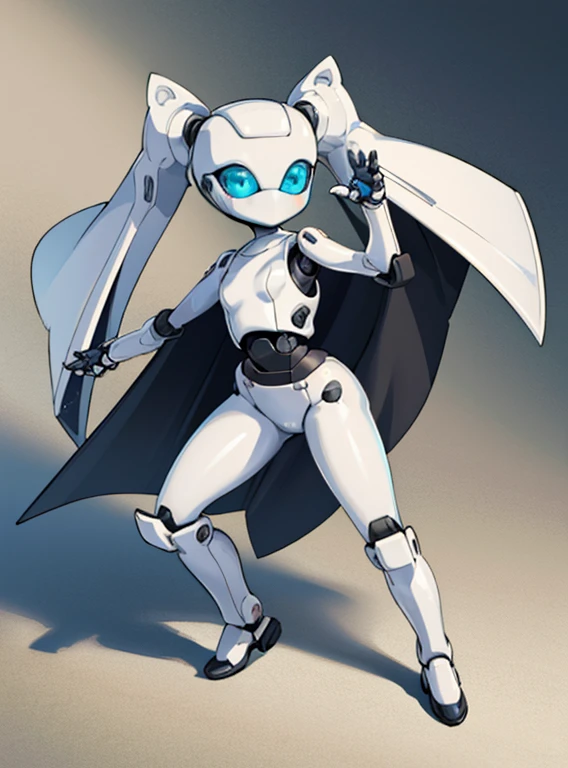 best quality, (masterpiece:1.2, highest quality), (very detailed:1.3),perfect anatomy, Drossel, 1 girl, solo，alone, No mouth, twin tails, blush, small breasts,robot,robot 関節, two mechanical eyes,white skin, blue eyes,winding, (scene: posing like a fighter, ),Are standing, spread your legs,white skin, blue eyes,posed for photo，high angle，(((Full body Esbian)))，Asahi,sunlight,Attaching a cloak,Flipping cloak,Creates a cohesive and visually stunning whole,