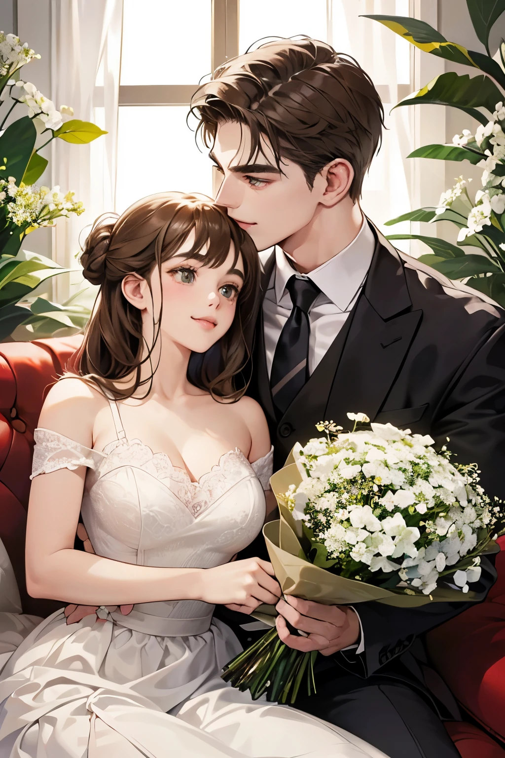 (table top, digital art, digital illustration, 4K, 8K, super detailed, beautiful images, clear image, realistic, RAW photo, perfect face, perfect lines, perfect eyes, soft lighting) 1 female, (light brown hair,chignon hair,innocent look,droopy eyebrows,With a round face,Round jaws、innocence,cute,Big eyes,natural makeup,smile gently,E cup,23 year old female:1.3),Two handsome men in suits, (human,Men in suits,muscular,Firm shoulder width, mannish hairstyle,A man in his 30s with a cool expression,28-year-old man with bright smile:1.2),A garden full of light、lots of flowers、squirt、colorful flowers、(embarrassing,shy smile,bouquet of gypsophila:1.2),Antique sofa,Resort Sofa,the kiss、kiss、couple、couplekiss、romance、Wedding dress、wedding style、誓いのkiss