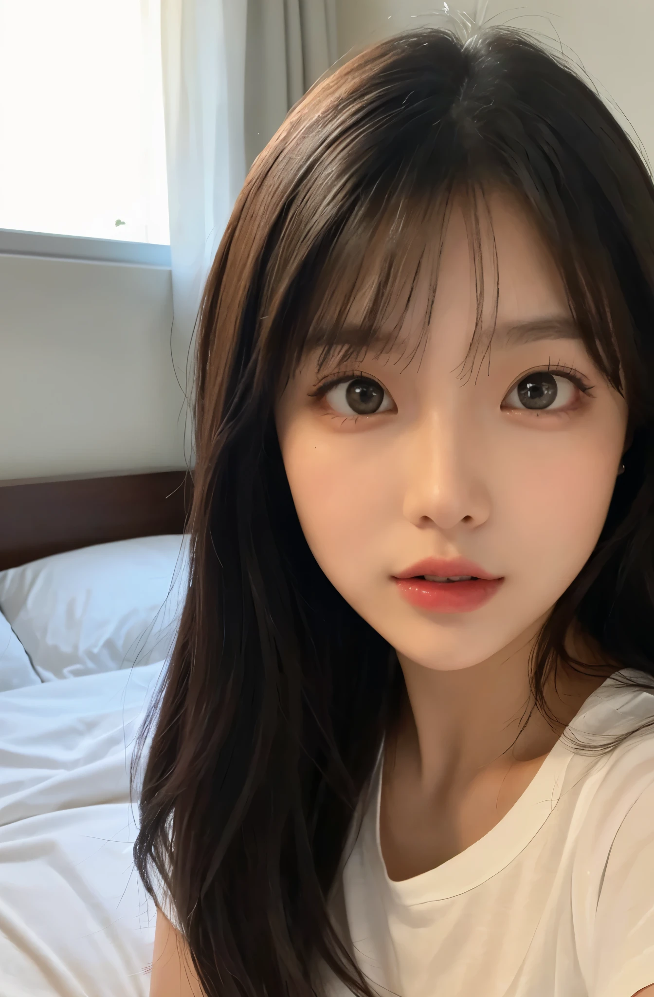 (masterpiece:1.5)、(highest quality:1.5)、(8K:1.3)、(RAW photo:1.3)、(photorealistic:1.3)、(Super detailed:1.3)、(ultra high resolution:1.3)、(very detailed and bright skin:1.2)、(Highly detailed and natural double eyes:1.2)、Beautiful light from the window、On the bed at home、(the most beautiful woman:1.2)、20-year-old、(Beautiful black medium straight hair)、natural color lip、(long white t-shirt:1.2)、(mouth wide open)、Breast size is medium、(sitting flat on the bed:1.2)、(Surprised look:1.3)