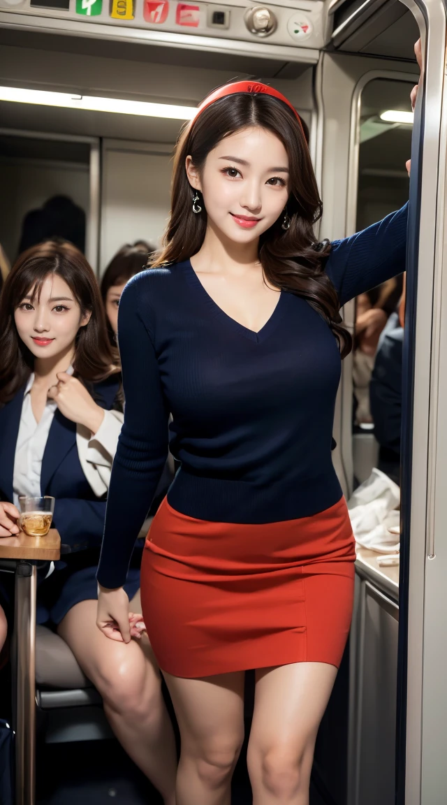 (((full body,including legs)))、(((オフィスレディ、OL、office lady、通勤中、little smile,formal clothes,navy  knit、v-neck knit、thin knit、navy jacket)))、(((horseshoe-shaped hairband)))、formal ,high heel、Dressed up、(Photo real:1.4)、(A hyper-realistic:1.4)、(Photorealistic:1.3)、 (gentle lighting: 1.05)、(Improve the lighting quality of your video:0.9)、32k、 1Girl、28years old girl、photorealistic lighting、Back lighting、Facial Lights、Ray Trace、(bright:1.2)、(Increase quality:1.4)、 (best quality real texture skin)、Fair eyes,Delicate and delicate face, Close-up of the face, navy knit,very tight knit ,v-neck knit,sleeveless knit,no-sleeve knit,navy pencil skirt ,navy tight skirt, (Bodyline mood improvement:1.1)、Glossy skin、wavy hair,韓国アイドル、乃木坂アイドル、Sculptural Idol Pose、little smile,blush,Beautiful actress、Neat woman,whole body, (((large breasts))),(perfect row of teeth),slender waist and hip,beautiful long legull shot)、((8heads tall)、(((誘惑している、恥ずかしい)))、dynamic pose,gravure pose,(eye shadow),((red cheek、red lips)),Super Clean Night View、night time、blush,little smile,(((full shot)))、a little open the legs、(((in the crowded night train)))