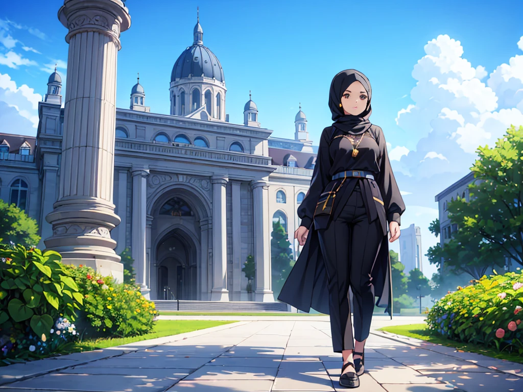 a women with black hijab, brown eyes, beauty, university center of the campus, blue sky, amazing sky, white skin, very beautifull, zoom out, full body, long black pants, campus, garden, university, floral.