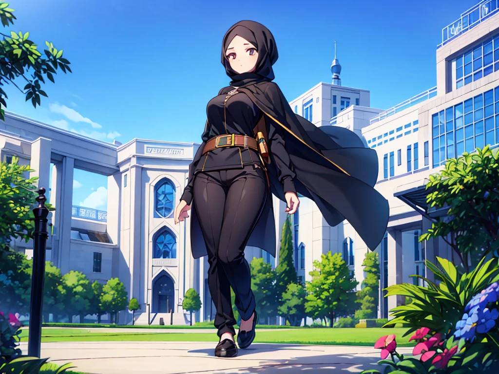 a women with black hijab, brown eyes, beauty, university center of the campus, blue sky, amazing sky, white skin, very beautifull, zoom out, full body, long black pants, campus, garden, university, floral.