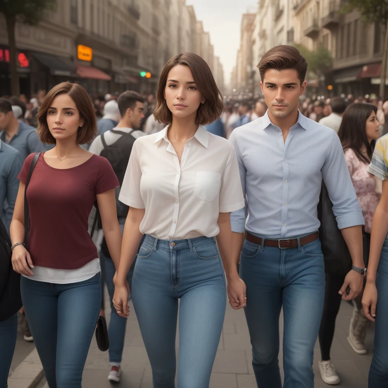 beautiful short-haired biblical Jewish men and women dressed in jeans and short-sleeved shirt in the middle of the audience in the city of the Jews, focusing on the faces of the characters