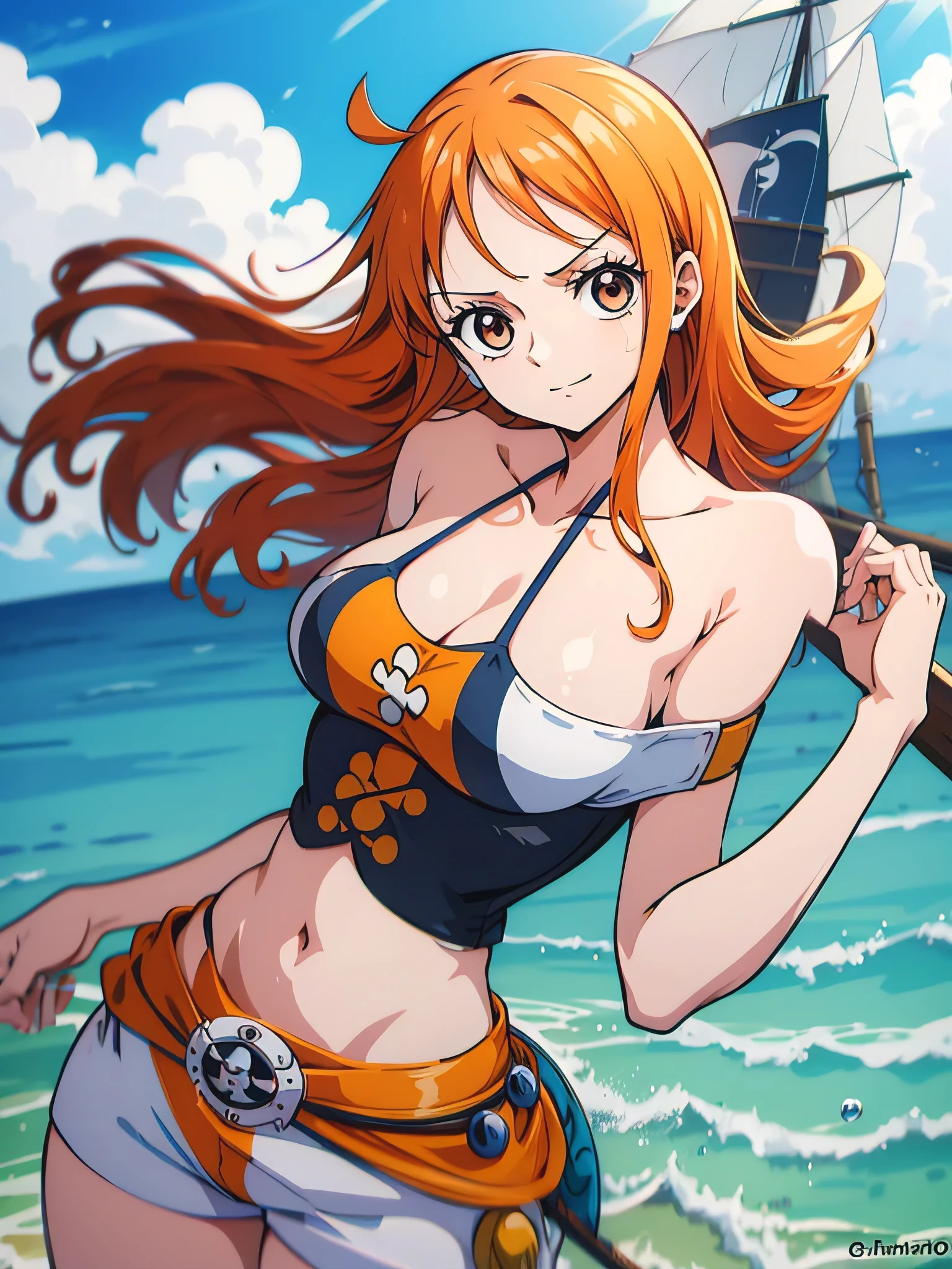 Gere uma imagem realista no estilo anime de Nami de One Piece rosto perfeito e detalhado olhos castanhos de costas mostrando a ass. Capture your distinctive appearance with orange hair, roupa de pirata, and a joyful expression. Certifique-se de que a imagem reflete sua personalidade aventureira e confiante, como mostrado no anime.., corpo completo, Plano amplo , Fundo navio pirata, saia, olhos laranja, olhos laranja, axilas, 8k, HDR, imagem maximo detalhada, Ultra HD, studio lighting, pintura ultrafina, sharp focus,Nami Rosto, olho nami, arms behind the back, ( fundo do navio pirata) (melhor qualidade, 4k, 8k, high resolution, obra de arte:1.2)