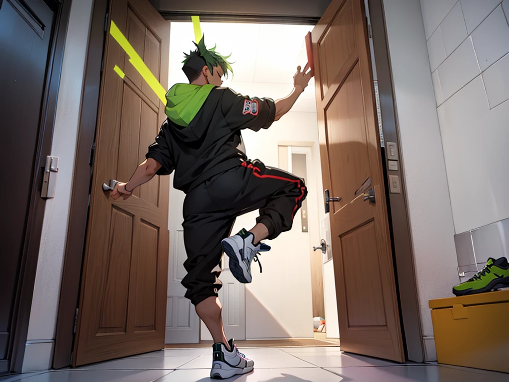 1guy, green hair, short hair, Black hoodie, (view from the back:1.6), (Kicks down the door:1.7), (A lot of effects:1.4), (leg in the air:1.6)