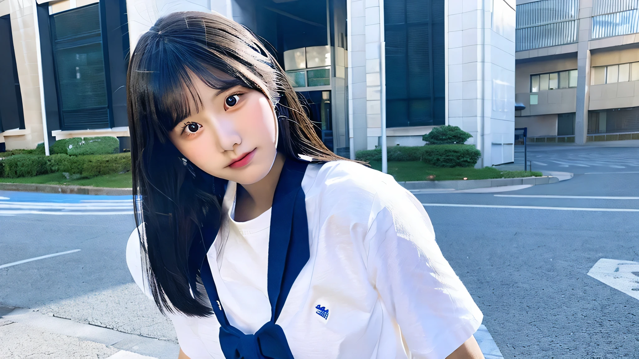 An 18-year-old high school girl wearing a white shirt and blue miniskirt uniform..(black hair)