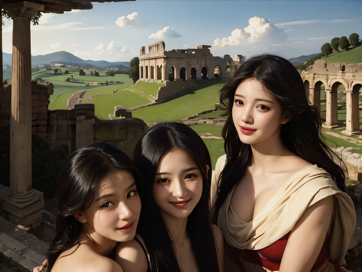 Ancient Roman ruins,Poussin-style landscape,laughter,,Sweet and seductive appearance.、Caravaggio's paintings、Chiaroscuro of Caravaggio、hair tousled by the wind,Two women frolicking,cute smile, expression of ecstasy,Sexy,erotic