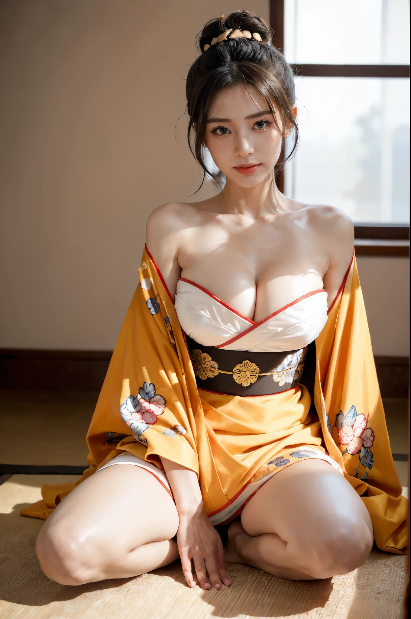 ((((8k))),((Extremely meticulous CG)) ,(wallpaper),16k,((Extremely refined and beautiful))，(((Masterpiece))),(((best qualtiy))),(((Ultra High Resolution))),beautiful light up,Perfect lightning,realistic shaded,[A high resolution],(Smooth and flawless fair skin:1.5),(pale skin:1.3),Extremely exquisite facial details,(perfect body:1.1),ultra - detailed,A beautiful girl,solo,small head,(bun hair:1.5),(headdress flower:1.1),small face,Exquisite makeup,(huge breasts:1.5),towering chests,slim,thin,happy,(Smile:1.2),(Maxi Exquisite embroidered gorgeous kimono:1.3),(slender legs:1.2),(night scene:1.5),indoor,at home,(In  bedroom:1.3),(Traditional Japanese decoration style:1.3),(detailed background:1.5),(kneeling on the tatami:1.3),(spread legs apart:1.3),(selfie:1.3),(full body:1.2),(from front:1.3)