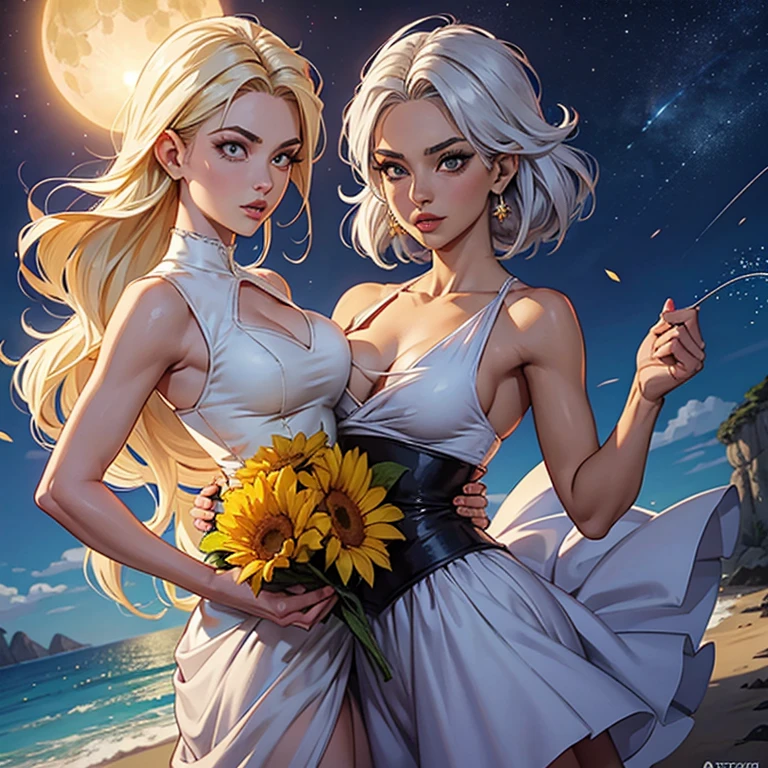 realista, 1 garota, cabelo loiro, olhos roxos, olhos brilhantes, corte superior, saia, parted lips, corar, noite, Flores, sol, sollight, Android No. 18 Dragon Ball De Akira Toriame INFO