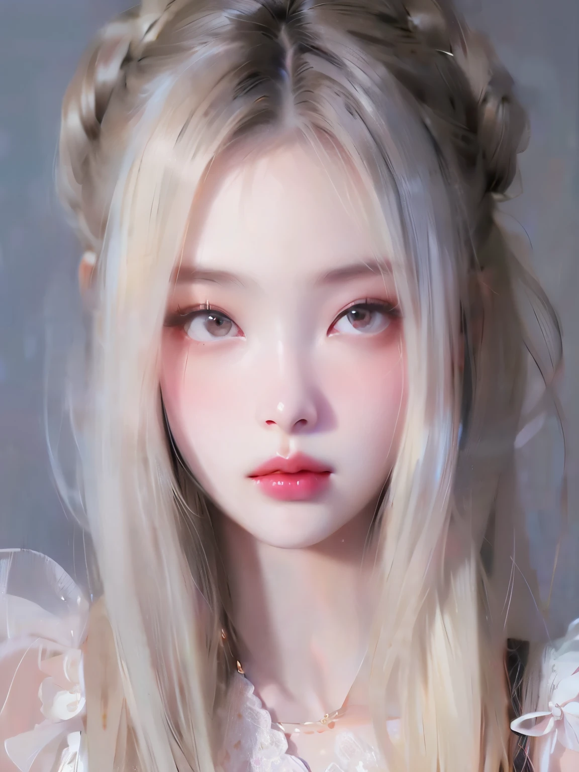 un primer plano de una chica con cabello largo y rubio y ojos rosados, kawaii Realista portrait, obra de arte al estilo de guweiz, pale porcelain white skin, guweiz, Impresionante retrato de cara de anime, hyper Realista anime, hasta el modelo | germen de arte, beautiful pale makeup, pale milky white porcelain skin, Realista. cheng yi, obra maestra de guweiz