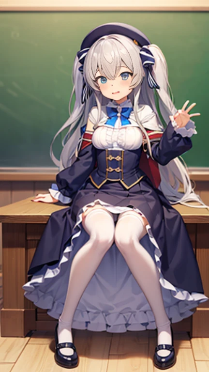 highest quality、8K、one girl,full body figure,ロリbig breasts、Celia Claire 、Celia Claire、、10 talents、low length、very big boobs,big boobs,perfect 5-fingered hands、mini skirt、I can see white panties、whitepanty、shy face、perfect thing、highest quality、big breasts、detailed description、small details、detailed face、white skin、lift skirt、Skirt flip、classroom、erotic pose
