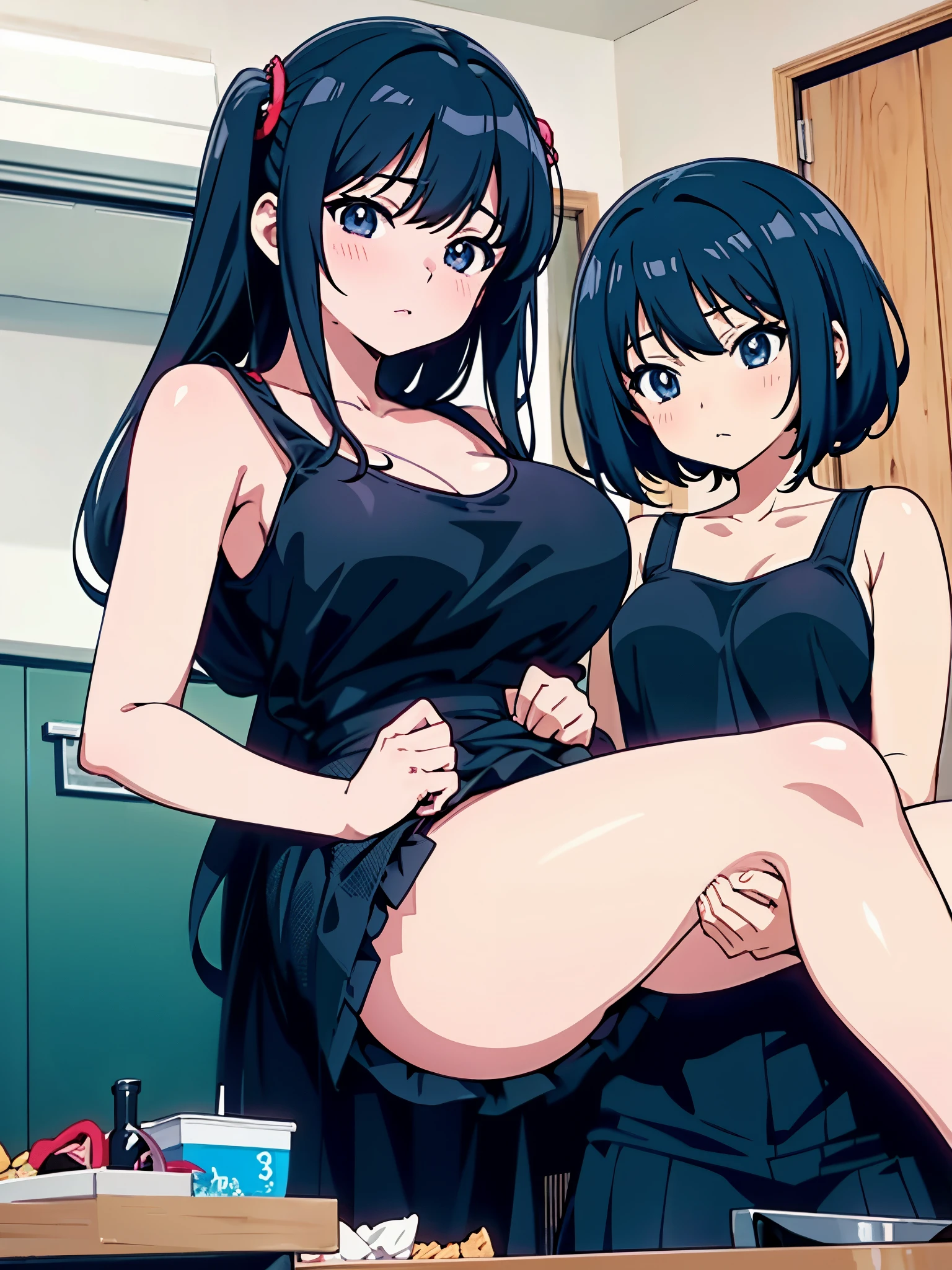 anime girl in black clothes posing for a picture in a kitchen, Sex anime style, two beautiful anime girl, anime girl, anime moe art style, Sex, Sex style, Realistic anime 3d style, by Kose Kanaoka, anime style. 8K, pixiv 3DCG, two girls, twin tails, by Hitoshi Homura