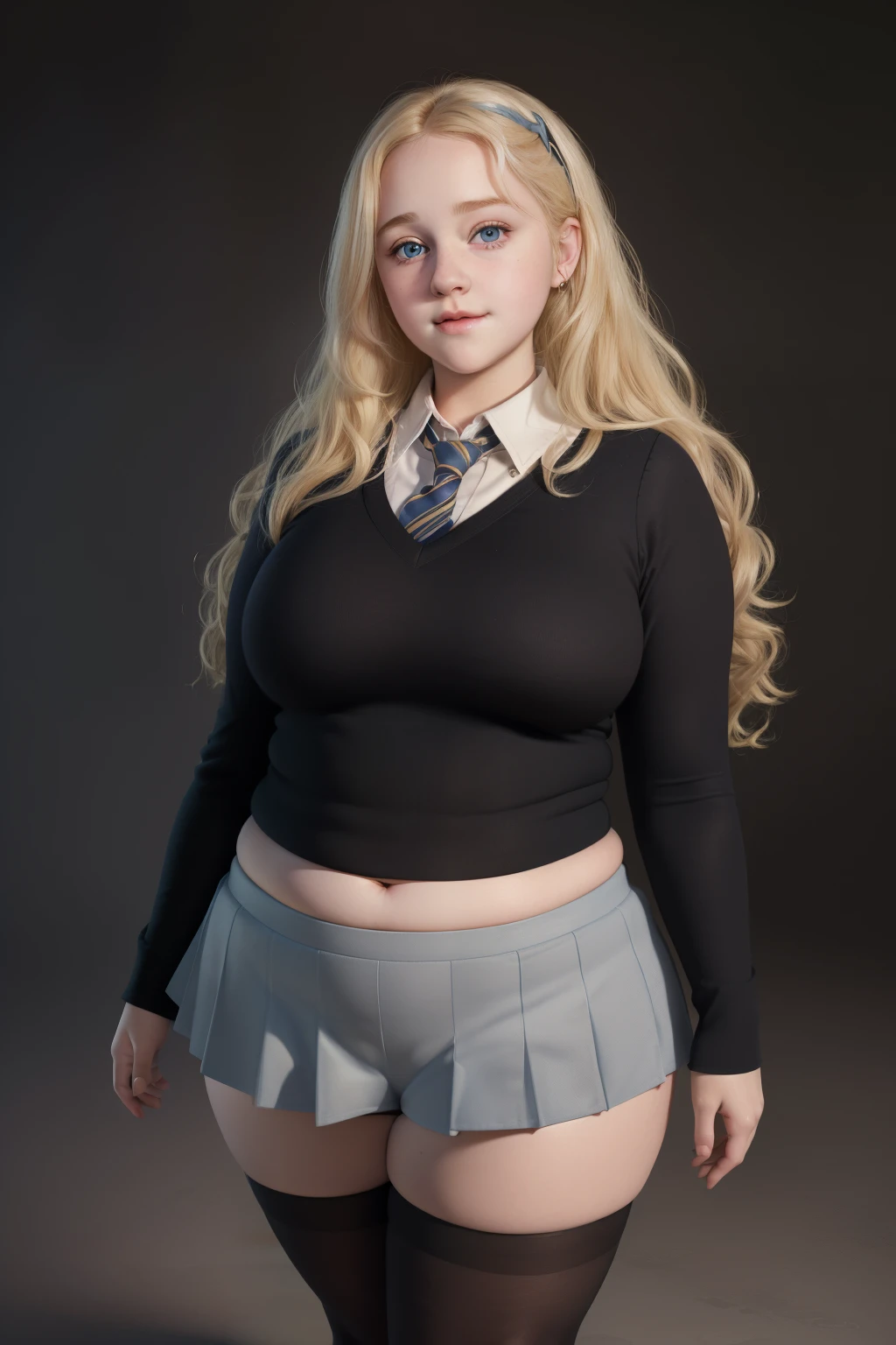 masterpiece, (photorealistic), (8k wallpaper) , (best quality), perfect quality, solo, (detailed eyes), girl, Luna, blonde hair, very beautiful, 18 years old, face : (Luna, small smile, young, very beautiful face, plump face, round face, double chin, plump cheeks, small smile, very beautiful, cute face, young, big eyes) , figure: ( very full body, very full figure, very thicc, very thick, very chubby, very chubby belly, chubby belly bottom, big deep navel, very soft, very curvy, love handles, sexy curves, wide hips, sexy, muffin top, very thick thighs, thunder thighs) , clothes : (tight school uniform, black miniskirt, black tights)