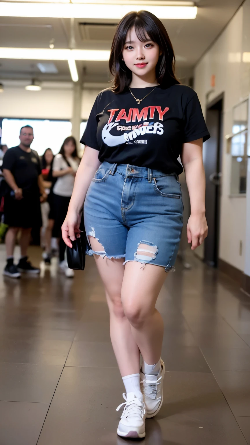 ((best quality)), (detailed), perfect face, chubby girl, pipi tembam, tampak full body, poni hair, berdiri, full body photoshoot, memakai sepatu sneaker, lengan chubby, kaki seksi, memakai kalung, paha tembam, wajah yang simetris