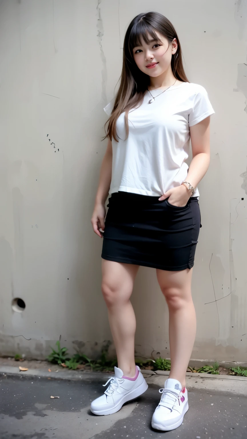 ((best quality)), (detailed), perfect face, chubby girl, pipi tembam, tampak full body, poni hair, berdiri, full body photoshoot, memakai sepatu sneaker, lengan chubby, kaki seksi, memakai kalung