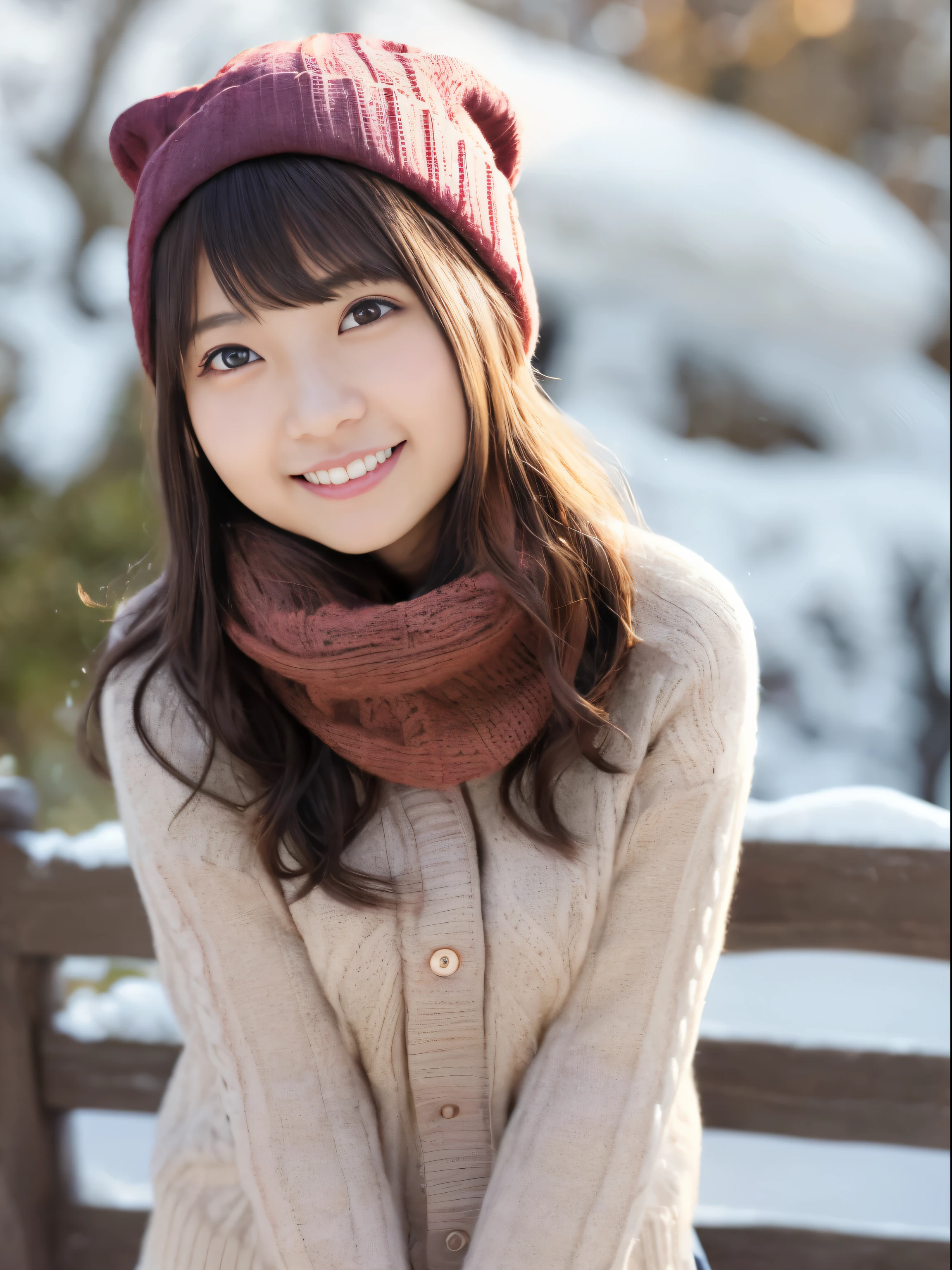 1 girl, (\:d:1.0) 紅leaf, bangs, black hat, blurred background, blush, brown eyes, brown hair, Brown scarf, 茶色skirt, cardigan, cowboy shot, 落ちleaf, beanie, hug, leaf, hair length, long sleeve, look, Open cardigan, open your mouth, チェック柄skirt, ふくらみのあるlong sleeve, 赤いsweater, scarf, shirt, shirtを押し込む, side lock, skirt, laughter, alone, sweater, 白のshirt, very detailed, Complex, masterpiece, absurd、smile、realistic、live action、snow scene、Blizzard