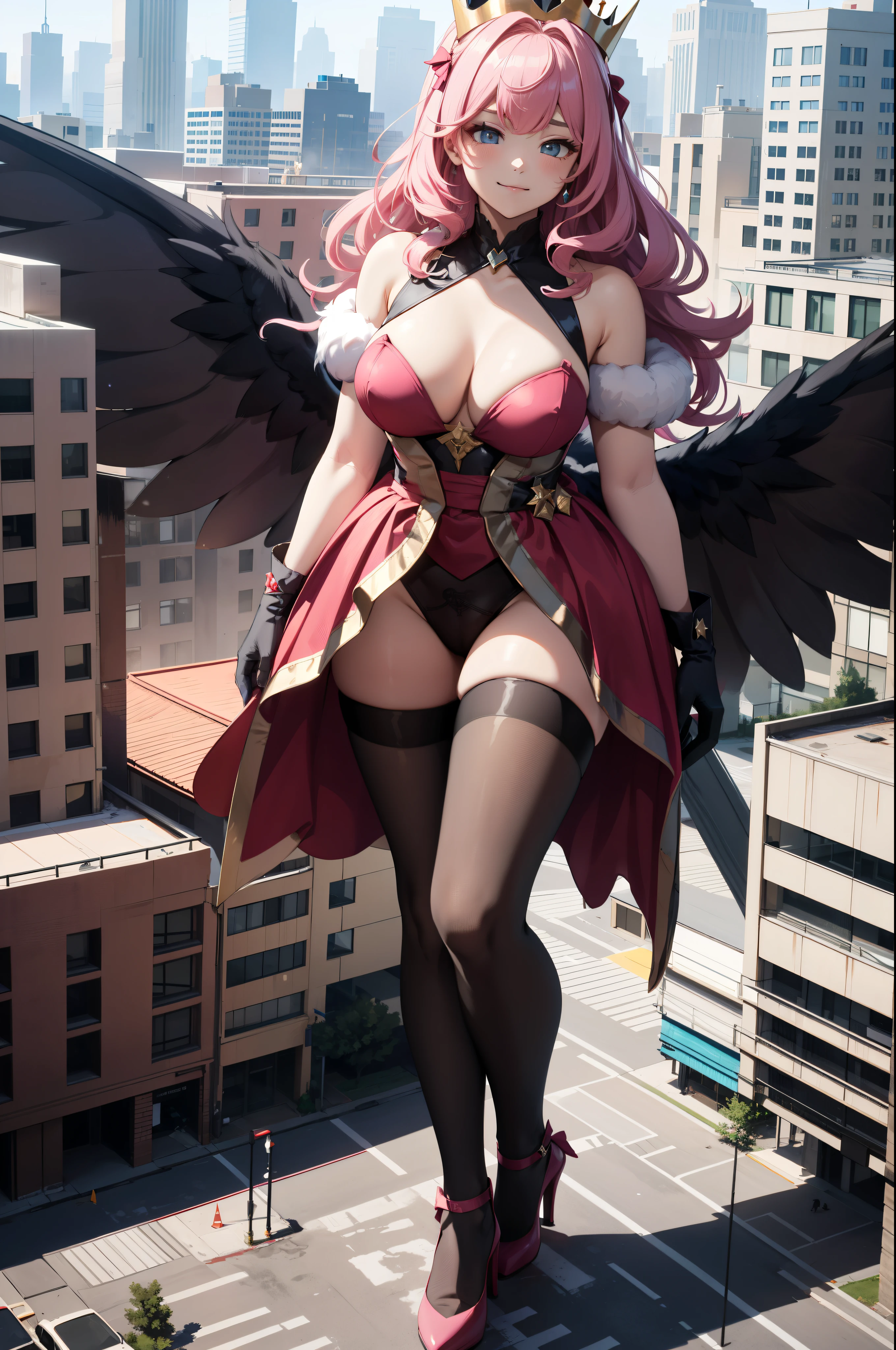 Aerial View,giant girl 50,000 feet high,Weight 1000kg,Has a pair of huge pink angel wings,With huge devil horns on his head,Has waist-length pink hair,loose hair,Pink wavy hair,pink crown,Wearing a pair of pink Mary Jane high heels,Pink lace gloves,Pink lace pantyhose,Bow and star embellished tights,粉色蕾丝whole body,Standing tall above the small town,Beautiful appearance,Exquisite makeup,quality,8k,高quality,Perfect proportion, Cinema lighting,film grain,Fuji colors,8k,textured skin,Super details,high detail,high resolution,fake smile,blood stains,脚底有blood stains,whole body,fat,feather
