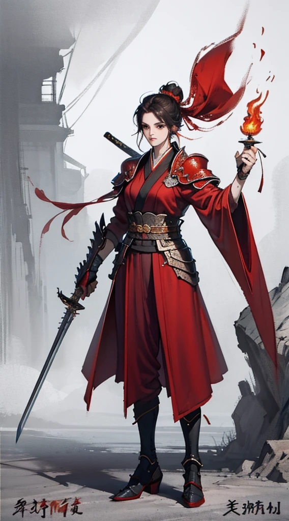 Chinese style, ancient battlefield, an ancient Chinese female general, holding a sword in her hand, grim expression, full body, amazing facial features, red robe, armor, boots, yellow sand in the sky, fleeing crowd, firelight, game model, stunning lighting, C4D, OC rendering, cinematic edge light, delicate light, masterpiece, super detailed, epic composition, super HD, high quality, highest quality, 32k