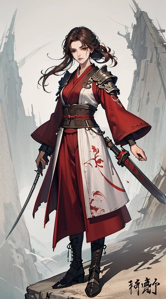 Chinese style, ancient battlefield, an ancient Chinese female general, holding a sword in her hand, grim expression, full body, amazing facial features, red robe, armor, boots, yellow sand in the sky, fleeing crowd, firelight, game model, stunning lighting, C4D, OC rendering, cinematic edge light, delicate light, masterpiece, super detailed, epic composition, super HD, high quality, highest quality, 32k