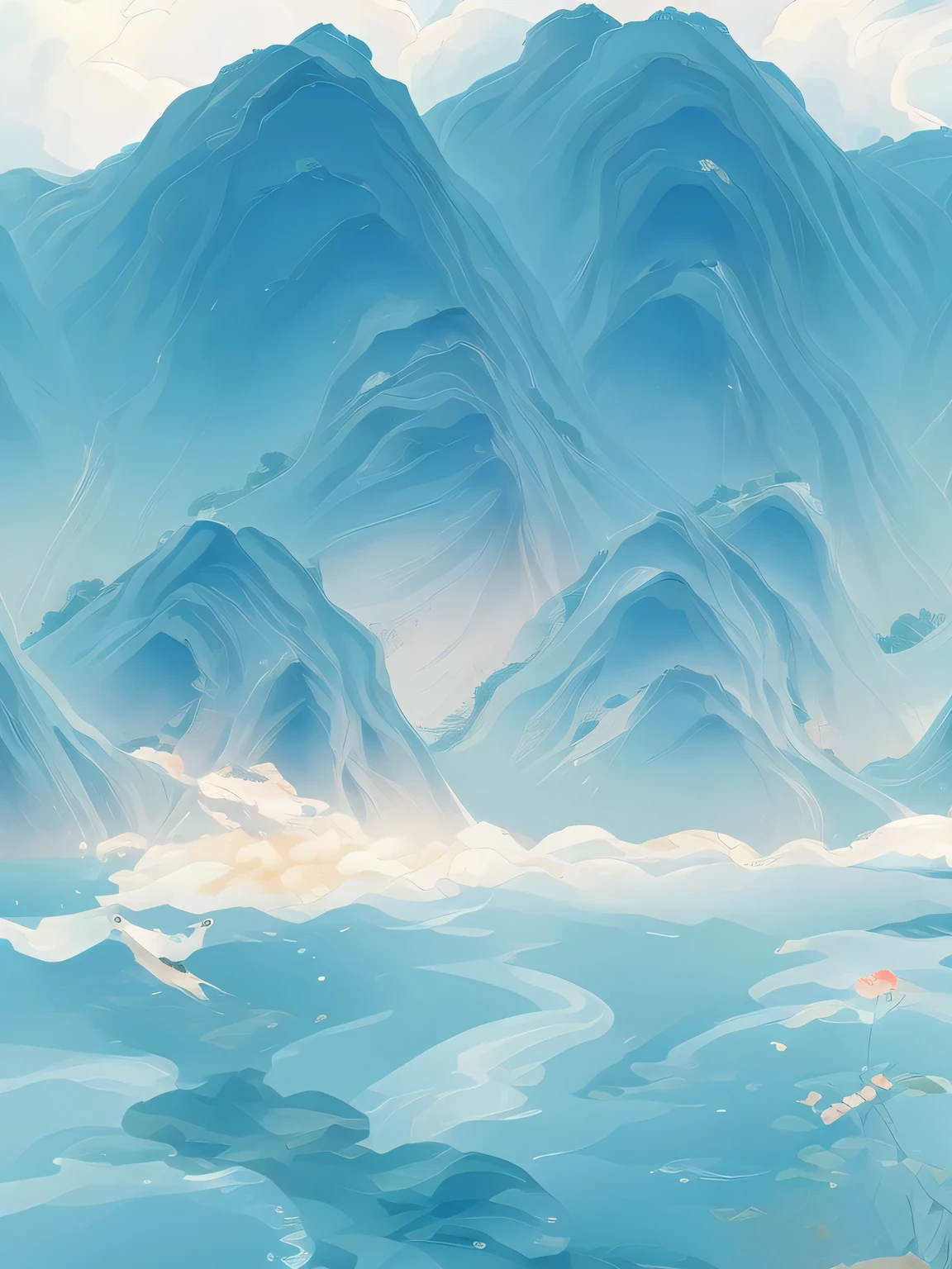There is a lake halfway up the mountain,The background is the sky, mountains in FOG background, Detailed Landscape - Width 672, simple, mountainous background, mountain range in background, mountain background, beatiful mountain background, background mountains, mountain background, Few details. number, Iceberg in the background, abstract nature landscape, FOG. 3 days