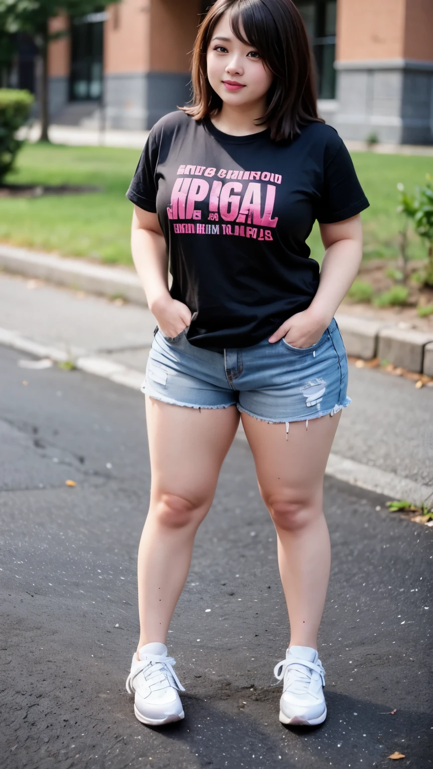 ((best quality)), (detailed), perfect face, chubby girl, pipi tembam, tampak full body, poni hair, berdiri, full body photoshoot, memakai sepatu sneaker, lengan chubby, kaki seksi