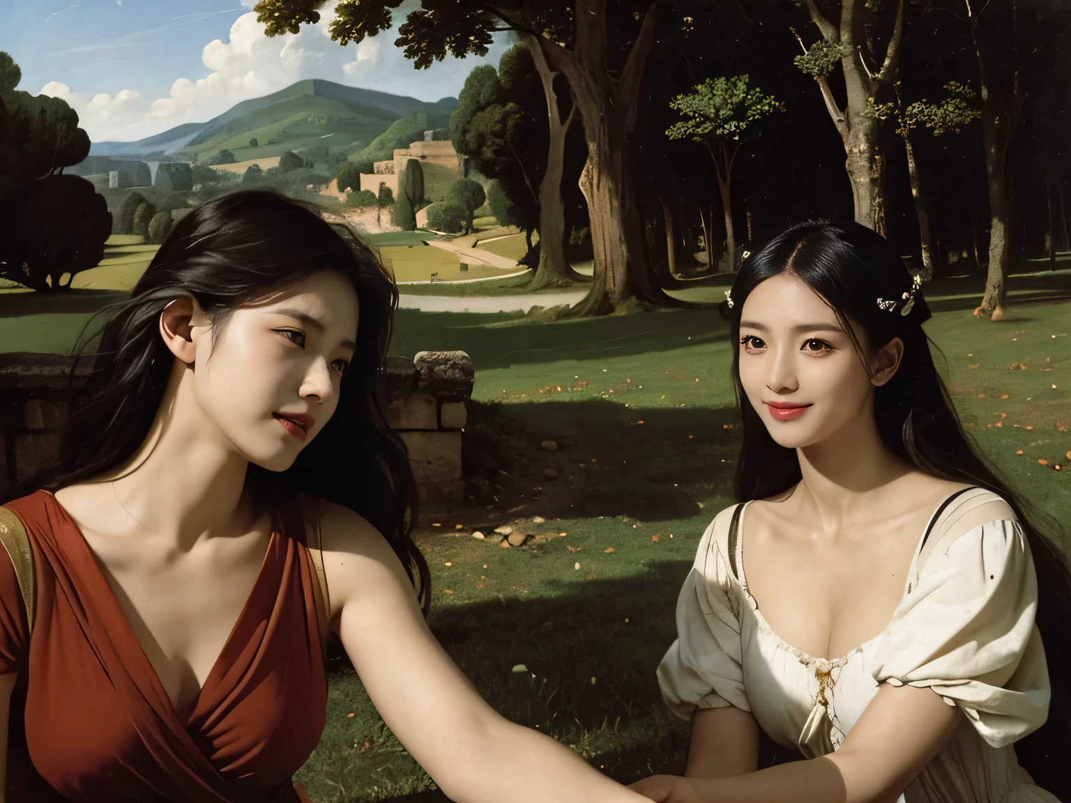 Ancient Roman ruins,Poussin-style landscape,A smile,,Sweet and seductive appearance.、Caravaggio's paintings、Chiaroscuro of Caravaggio、Hair disheveled in the wind,Two women frolicking,Cute smile, Expression of ecstasy,A sexy,Erotic