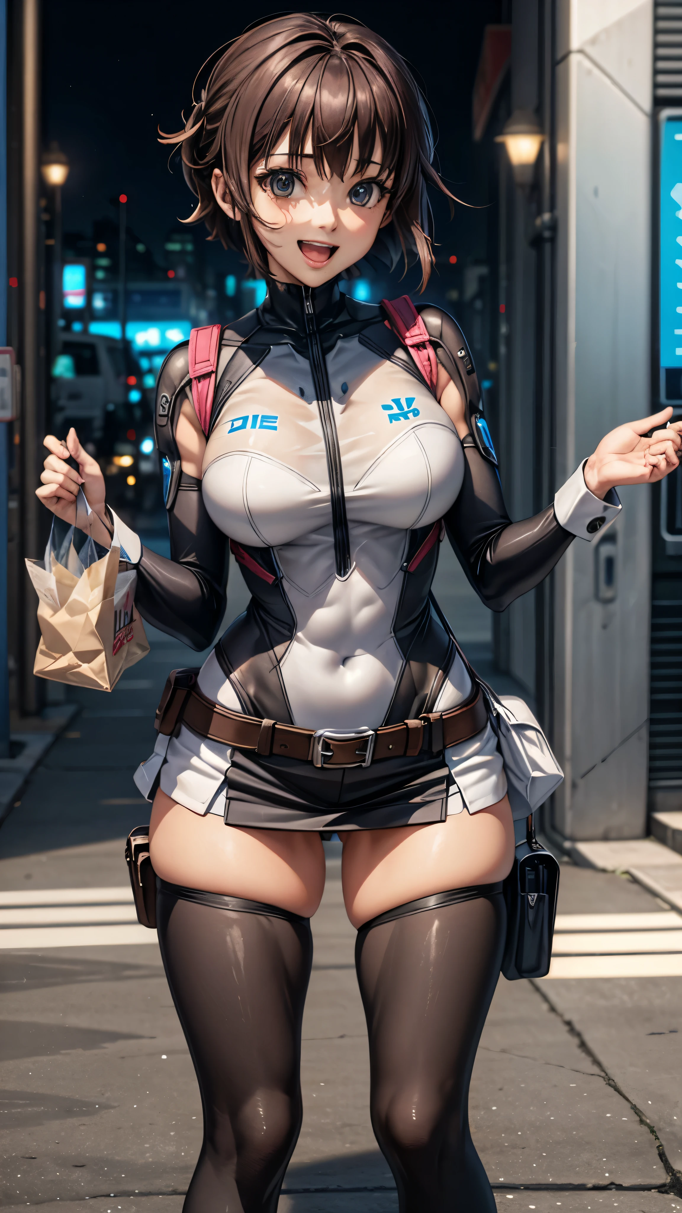 woman,20-year-old,,city,night,((white tight miniskirt bodysuit)),(Harada Makoto),open mouth smile,((See-through))Squats and legs wide open