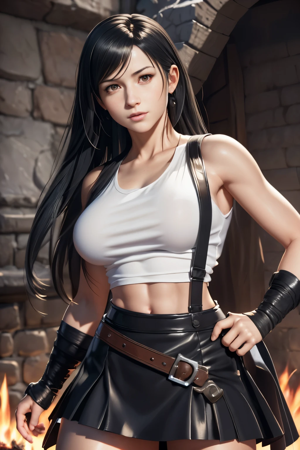 a woman in a skirt and top standing in front of a fire, tifa lockhart, tifa, seductive tifa lockhart portrait, tifa lockheart, tifa lockhart portrait, tifa lockhart with white hair, realistic, ultra detail, beautiful girl