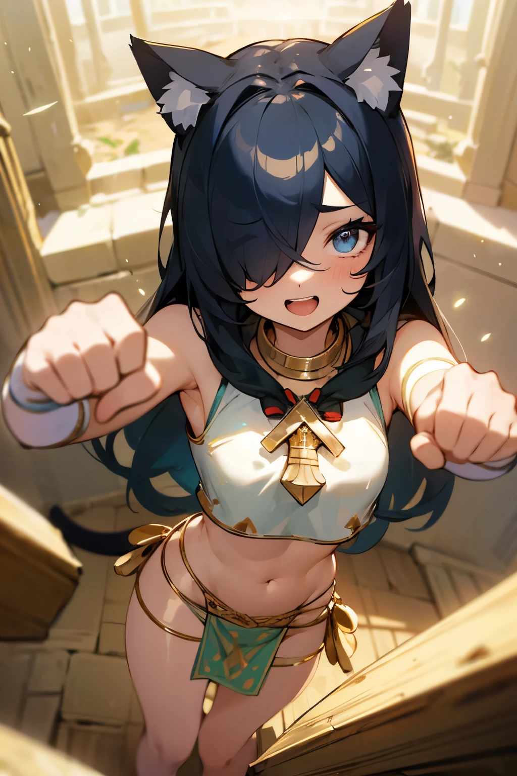 ((Masterpiece)), ((best quality)), from above, Very pretty Egyptian girl, (Laugh frivolously), cute eyes, (put on cat ears), (trival tubetop), (Boxing pose, clenching fists), crystal Ornaments, light particles, (trival long loincloth), Healthy skin, worried girl, cute world, really happy, ancient ruined overgrown, exposed naked stomach, ((hair over one eye)),