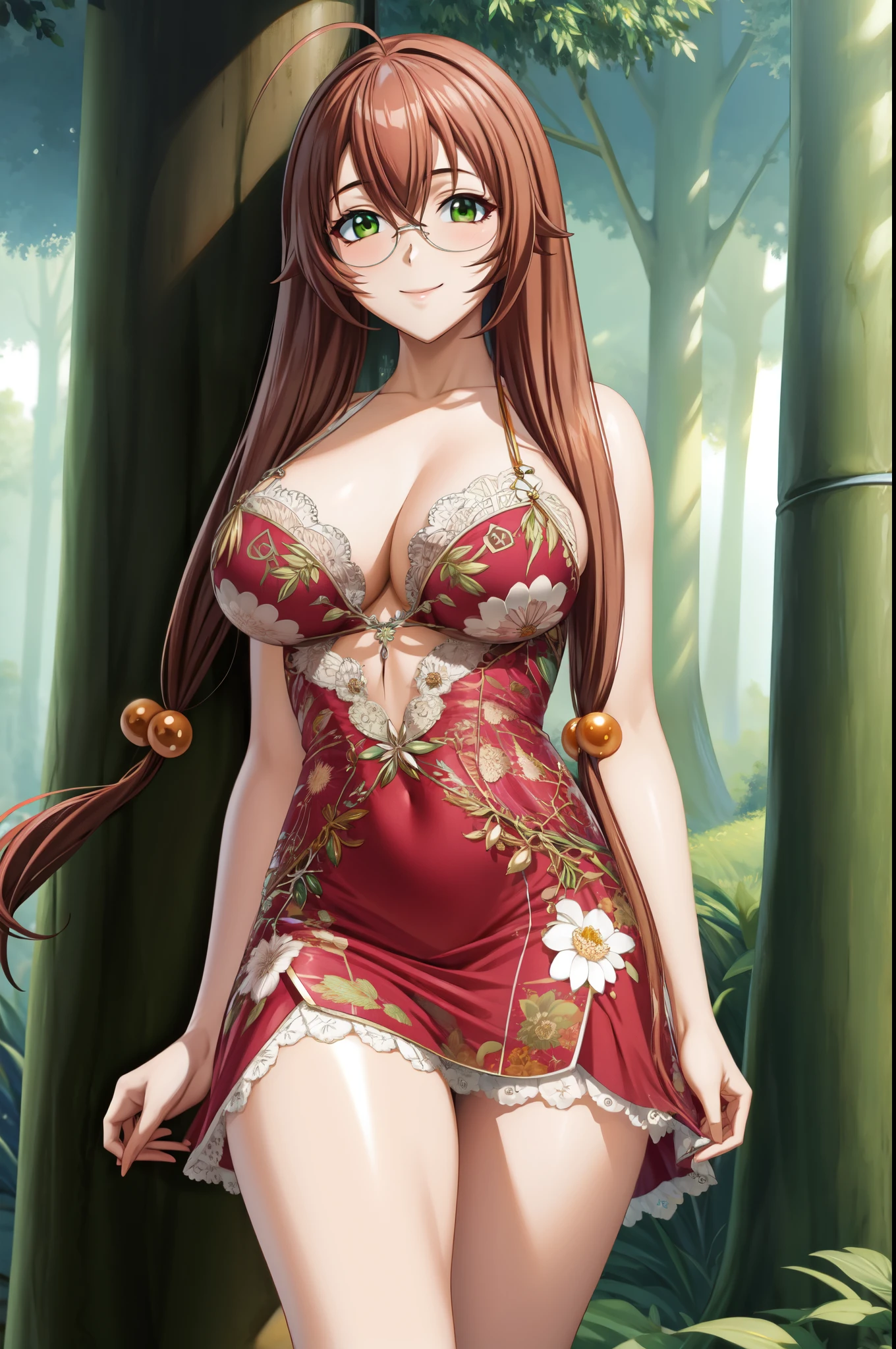 perfect eyes:1.2, detailed eyes:1.4, rubygentokuwz, brown hair, ahoge, twintails, skindentation, smile, grass, nature, glossy skin, very long hair, green eyes, red dress, hair ornament, large breasts, glasses, cowboy shot, 1girl, solo, (masterpiece:1.6, best quality), 8k, insane details, intricate details, hyperdetailed, hyper quality, high detail, ultra detailed, professional, HDR, ray tracing reflection, cinematic lighting,