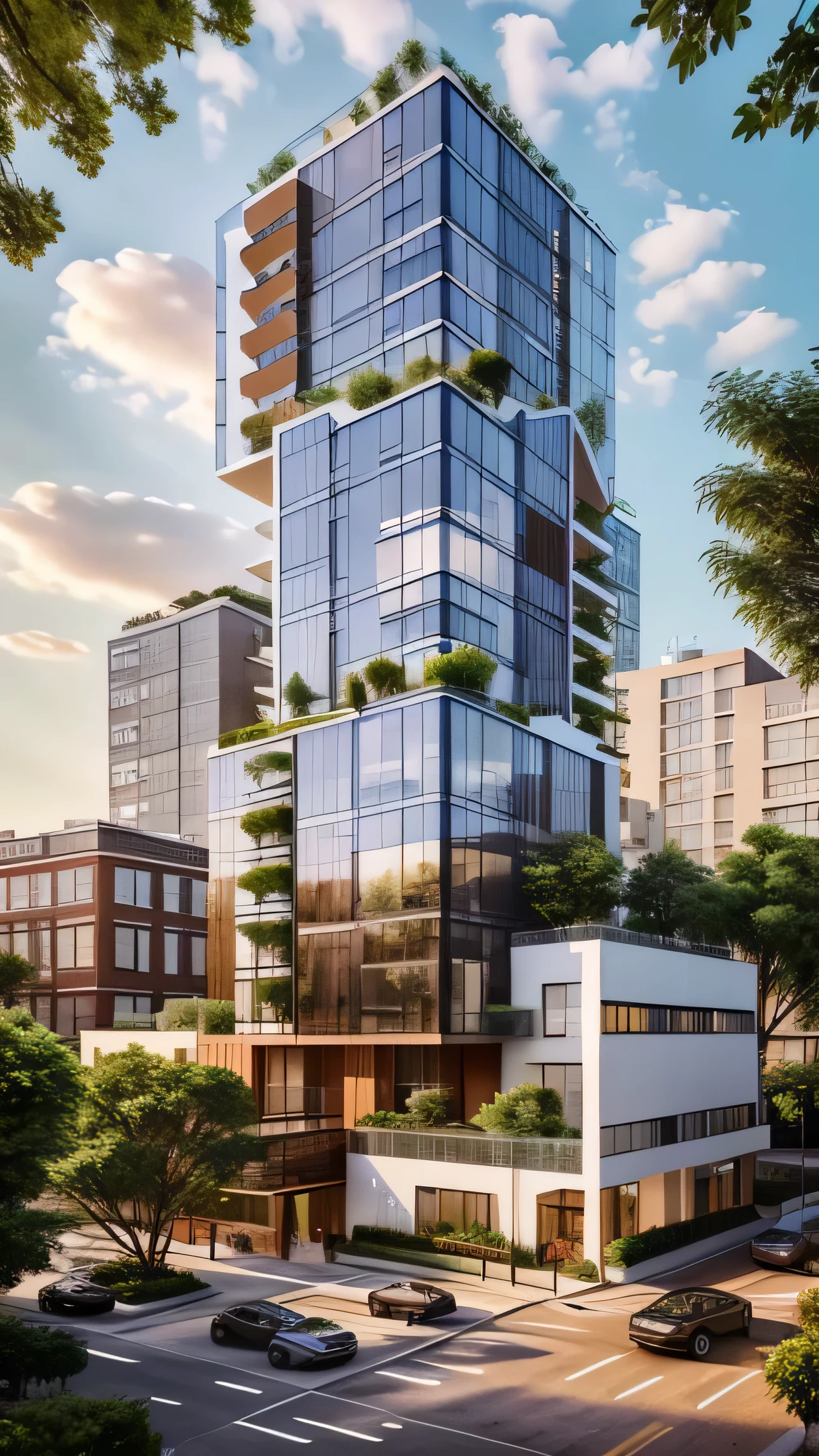 Apartment in the middle city, The light is beautiful and realistic, the trees are green and harmonious, the sky is cloudy and beautiful, and the surrounding scenery is bustling, Clear, realistic, diverse materials