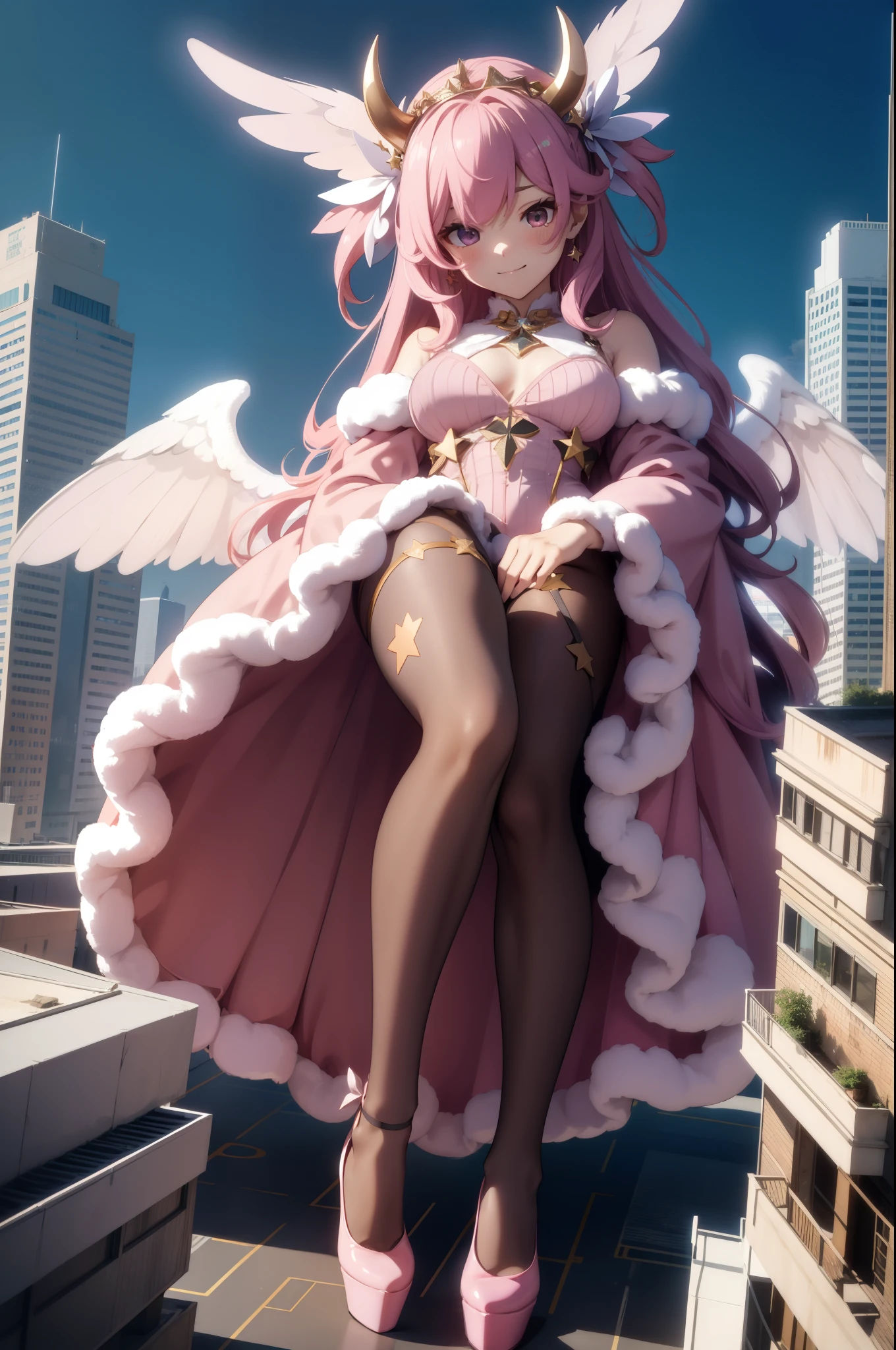 Aerial View,giant girl 50,000 feet high,Weight 1000kg,Has a pair of huge pink angel wings,With huge devil horns on his head,Has waist-length pink hair,loose hair,Pink wavy hair,Pink crown,Wearing a pair of pink Mary Jane high heels,Pink lace gloves,Pink lace pantyhose,Pantyhose with bow and star decorations,粉色蕾丝whole body,Standing upright on a small city,Beautiful appearance,Exquisite makeup,quality,8k,高quality,Perfect proportion, Cinema lighting,film grain,Fuji colors,8k,textured skin,Super details,high detail,high resolution,fake smile,blood stains,脚底有blood stains,whole body,Obese,feather