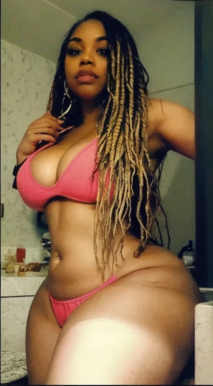 Analog image, neutral density,Highly detailed image ,thick voluptuous Dominican woman, viewed from front,legs open ,with micro dreadlocks, highly detailed skin,even skin tone, skin imperfections, skin pores visible,wearing a tight leggings and sports bra ,in a dim lit room , highly detailed clothing