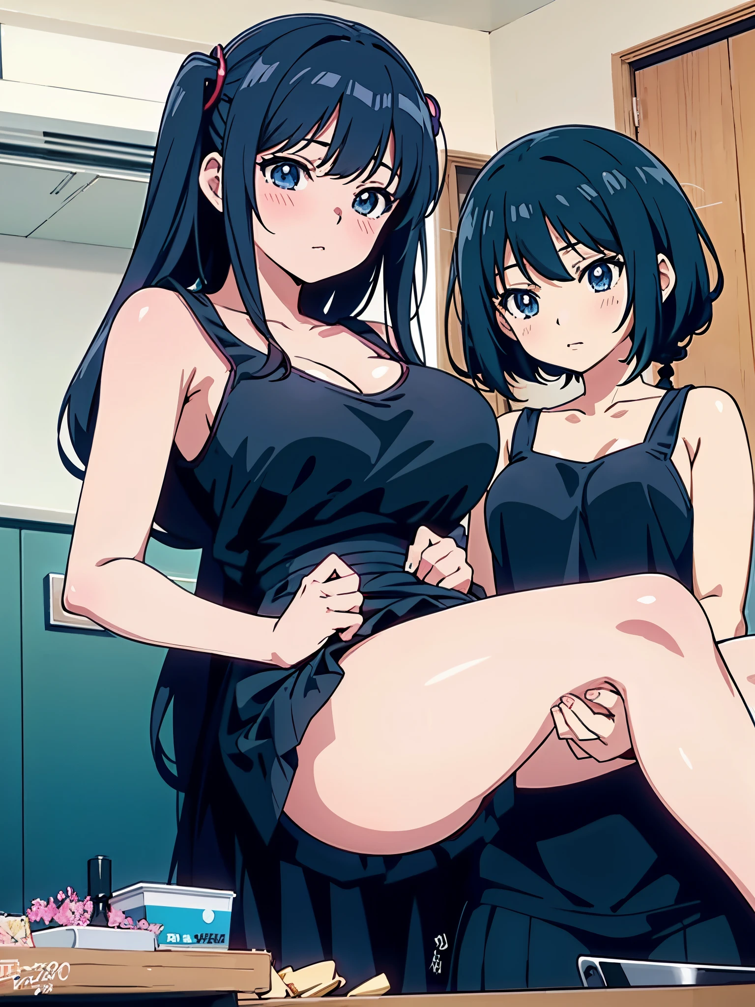 anime girl in black clothes posing for a picture in a kitchen, Sex anime style, two beautiful anime girl, anime girl, anime moe art style, Sex, Sex style, Realistic anime 3d style, by Kose Kanaoka, anime style. 8K, pixiv 3DCG, two girls, twin tails, by Hitoshi Homura