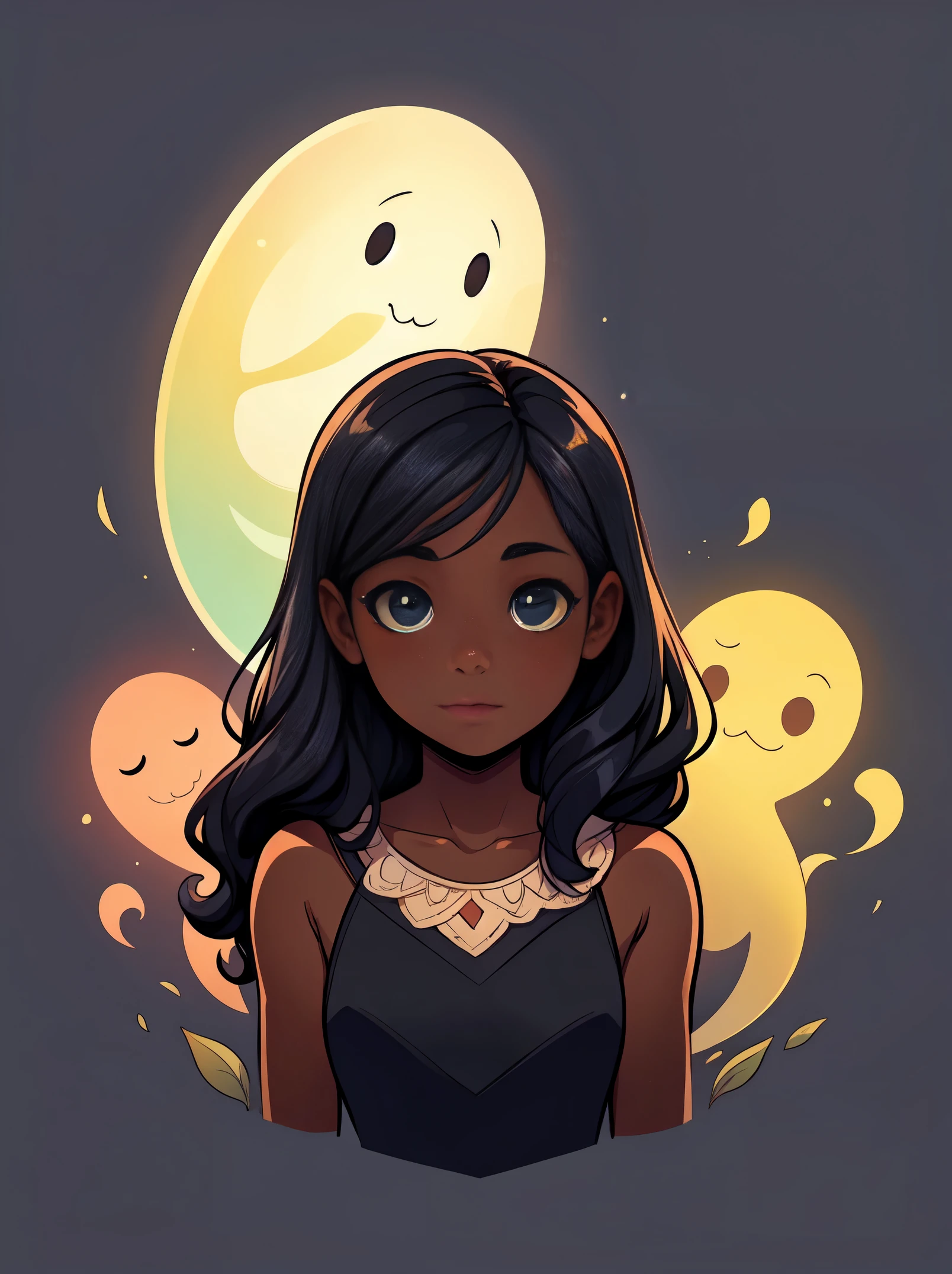 'beautiful illustration sweet little black girl with dark skin and long black hair and a cute semi-transparent ghost in the style of a children's book, graphic novel concept art