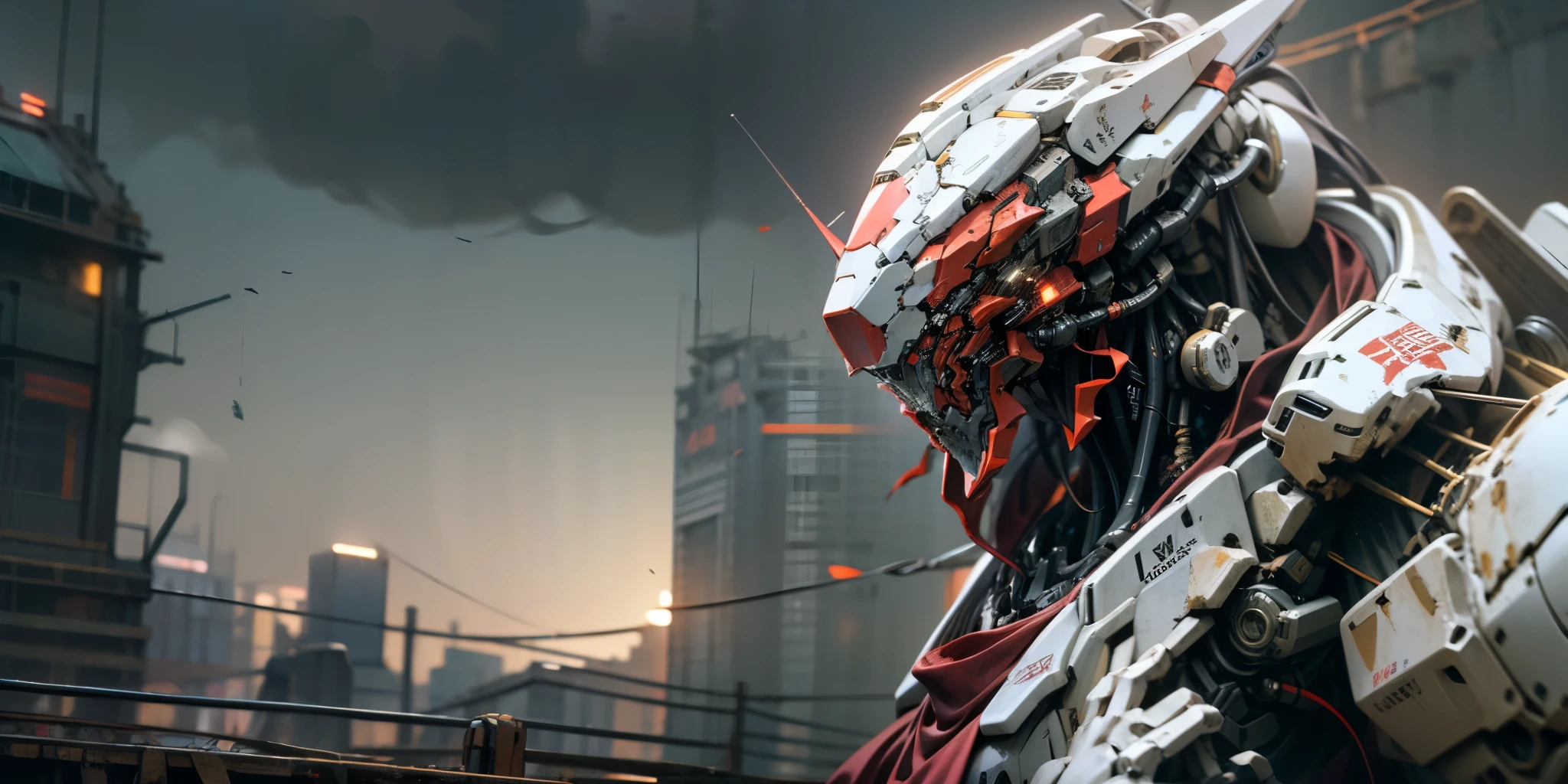 8K,(RAW Extremely detailed: 1.3),((best-quality)),((Masterpiece)),ultra-detailed,realistic,extreme detail description,professional,physically-based rendering,sharp focus,glowing weapons,post-apocalyptic ruined buildings of the cyberpunk city in the background,mecha,1 weapon,destroyed atmosphere,red cape fluttering in the wind,skull helmet,white and red colors,science fiction,red warframe,wearing white mechanical armor,red glowing eyes,coming with great momentum,positive perspective,perfect body proportion,gundam humanoid mech,anime mecha aesthetics,deads-up view,standing pose,military giant mech,future technology,realistness,dark clouds in the sky,postwar background,NVIDIA RTX,super-resolution,Unreal 5,large aperture,combat pose,depth of field,upper body,letterboxed