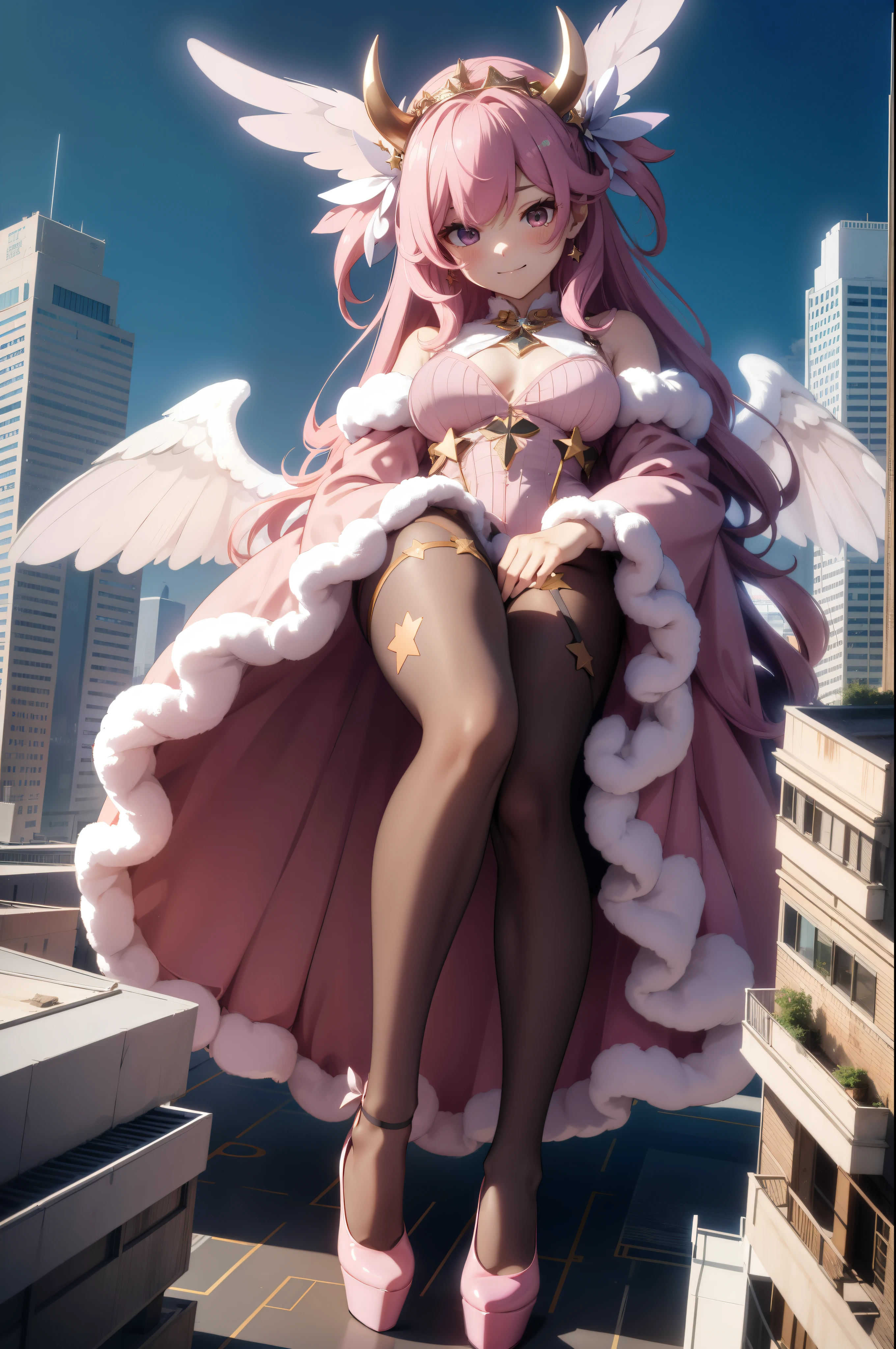Aerial View，giant girl 50,000 feet high，Weight 1000kg，Has a pair of huge pink angel wings，With huge devil horns on his head，Has waist-length pink hair，loose hair，Pink wavy hair，pink crown，Wearing a pair of pink Mary Jane high heels，Pink lace gloves，Pink lace pantyhose，Bow and star embellished tights，粉色蕾丝whole body，Standing tall above the small town，Beautiful appearance，Exquisite makeup，quality，8k，高quality，Perfect proportion, Cinema lighting，film grain，Fuji colors，8k，textured skin，Super details，high detail，high resolution，fake smile，blood stains，脚底有blood stains，whole body，fat，feather