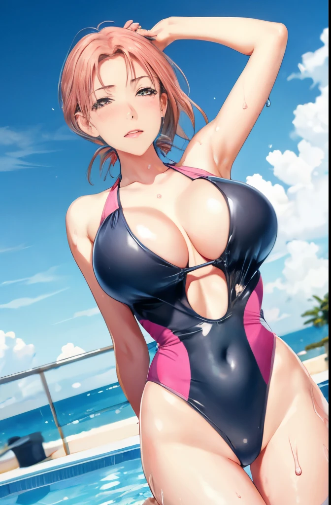 1girl, breasts,, one-piece swimsuit,large breasts,blush, wet, armpits, injury, breasts out, solo focus, collarbone, poolside, looking at viewer, thighs,wet swimsuit,(torn clothes),
