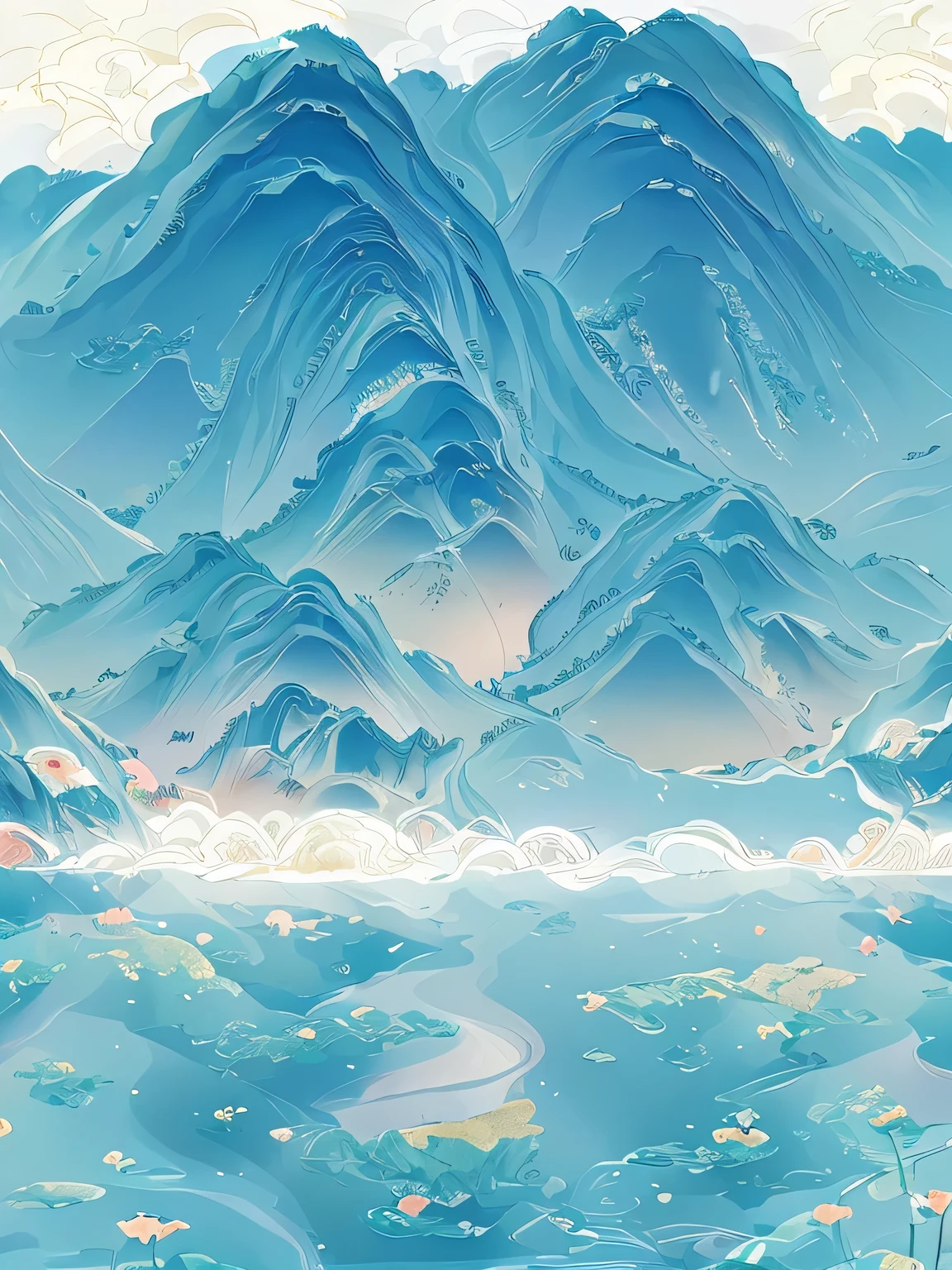 There is a lake halfway up the mountain，The background is the sky, mountains in FOG background, Detailed Landscape - Width 672, simple, mountainous background, mountain range in background, mountain background, beatiful mountain background, background mountains, mountain background, Few details. number, Iceberg in the background, abstract nature landscape, FOG. 3 days