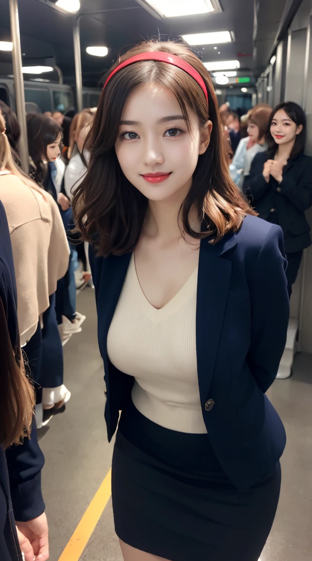 (((full body,including legs)))、(((オフィスレディ、OL、office lady、通勤中、little smile,formal clothes,navy  knit、v-neck knit、thin knit、navy jacket)))、(((horseshoe-shaped hairband)))、formal ,high heel、Dressed up、(Photo real:1.4)、(A hyper-realistic:1.4)、(Photorealistic:1.3)、 (gentle lighting: 1.05)、(Improve the lighting quality of your video:0.9)、32k、 1Girl、28years old girl、photorealistic lighting、Back lighting、Facial Lights、Ray Trace、(bright:1.2)、(Increase quality:1.4)、 (best quality real texture skin)、Fair eyes,Delicate and delicate face, Close-up of the face, navy knit,very tight knit ,v-neck knit,navy pencil skirt ,navy tight skirt, (Bodyline mood improvement:1.1)、Glossy skin、wavy hair,blonde hair,韓国アイドル、乃木坂アイドル、Sculptural Idol Pose、little smile,blush,Beautiful actress、Neat woman,whole body, (((large breasts))),(perfect row of teeth),slender waist and hip,beautiful long legull shot)、((8heads tall)、(((誘惑している、恥ずかしい)))、dynamic pose,gravure pose,(eye shadow),((red cheek、red lips)),Super Clean Night View、night time、blush,little smile,(((full shot)))、a little open the legs、(((in the crowded night train)))
