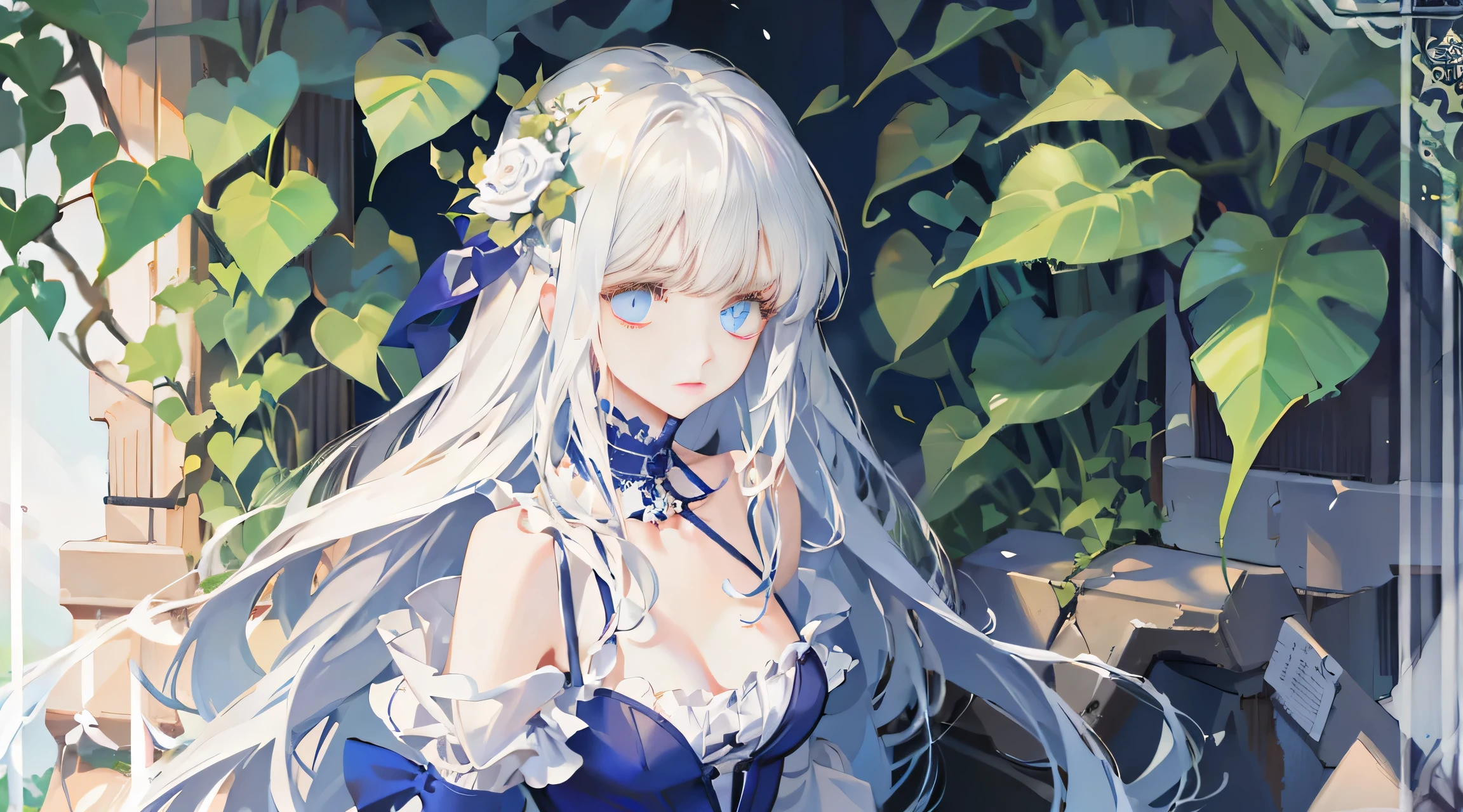 ((masterpiece:1.4,best quality))+,(Super detailed)+,(super detailed eyes)+, (Elegant 1 girl),blue eyes:1.15),white hair,very long hair,(Varisa:1.2),pale skin,shut up,sad, (她穿着一件由缠绕的Blue vines制成的连衣裙:1.5),(flat chest:1.2),(Vine dress:1.4),(Dress made of vine:1.2),(Surrounded by vines:1.4), (despair:1.3),Gothic, (Blue vines:1.3),leaf,(Vine tree:1.1),Flying blue butterfly (dawn light:1.2), (Thick black and white:1.16),(depth of field:1.4),a girl