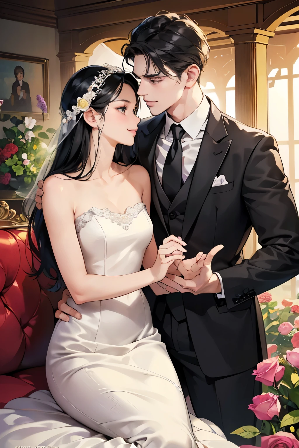 (table top, digital art, digital illustration, 4K, 8K, super detailed, beautiful images, clear image, realistic, RAW photo, perfect face, perfect lines, perfect eyes, soft lighting) ,1 female, (long black hair,straight hair,Bullish gaze,beautiful woman,grace,solid makeup,23 year old female,small breasts:1.3),Two handsome men in suits, (human,muscular,Firm shoulder width, mens,boyish hairstyle,british gentleman's style,A man in his 30s with a cool expression,28-year-old man with bright smile:1.2),白い歯を見せてsmile(embarrassing,shy smile:1.1),A garden full of light、squirt、Resort Sofa、colorful flowers、innocent smile,smile、カップルkiss、kiss、romance、Mermaid Line Wedding Dresses、Rose bouquet、