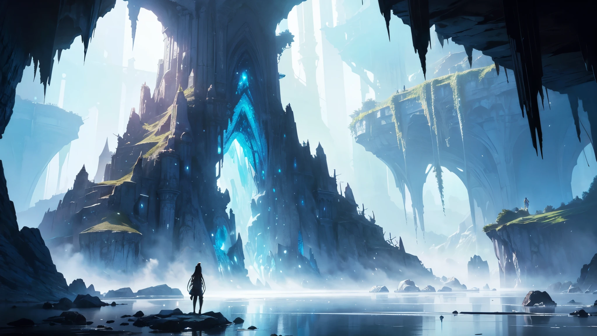 "(by Greg Rutkowski: 1.2), (masterpiece), (best quality), extremely delicate and beautiful, illustration, (fantasy landscape), A mesmerizing fantasy landscape with enchanting elements blending seamlessly. (Majestic crystal cave mine), huge crystal, adorned with vibrant blue hue glow reflecting off the surroundings. A sense of tranquility and wonder fills the air, inviting exploration and discovery, depth of field, HDR, intricate, delicate"